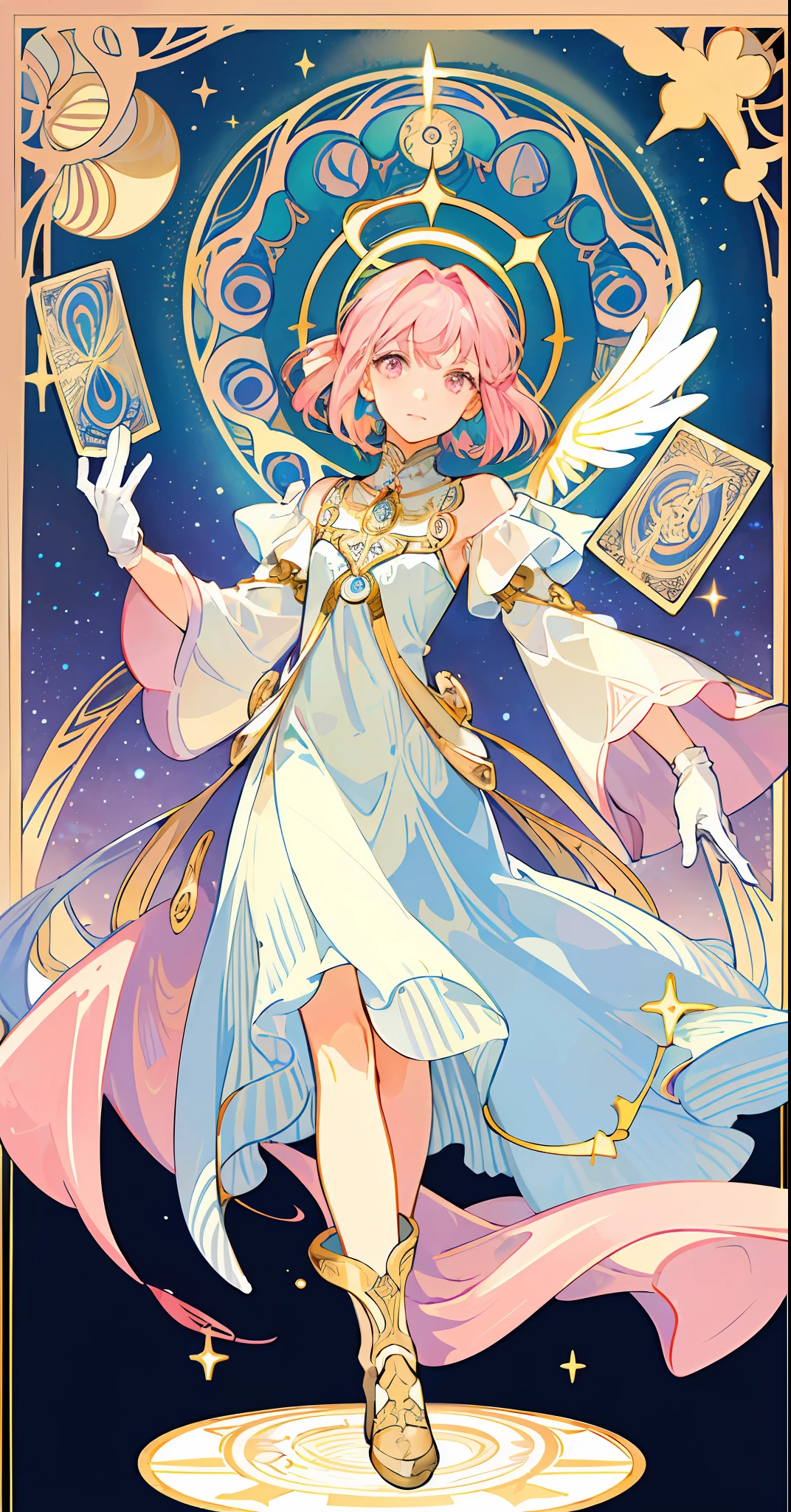 ((masterpiece,best quality)),(1girl, solo:1.4),beautiful detailed eyes, vivid, cinematic light, full_body, pink_flowers, (tarot_card), intricate, detailed background, looking_at_viewer, Madoka Kaname, hands reaching out, (flat chest), (walking), casual pose, posing, (white_gloves), (pink_eyes), white feathers, sparkles, glitter, celestial, outerspace, by alphonse mucha, (gold frame), halo, (tarot border)