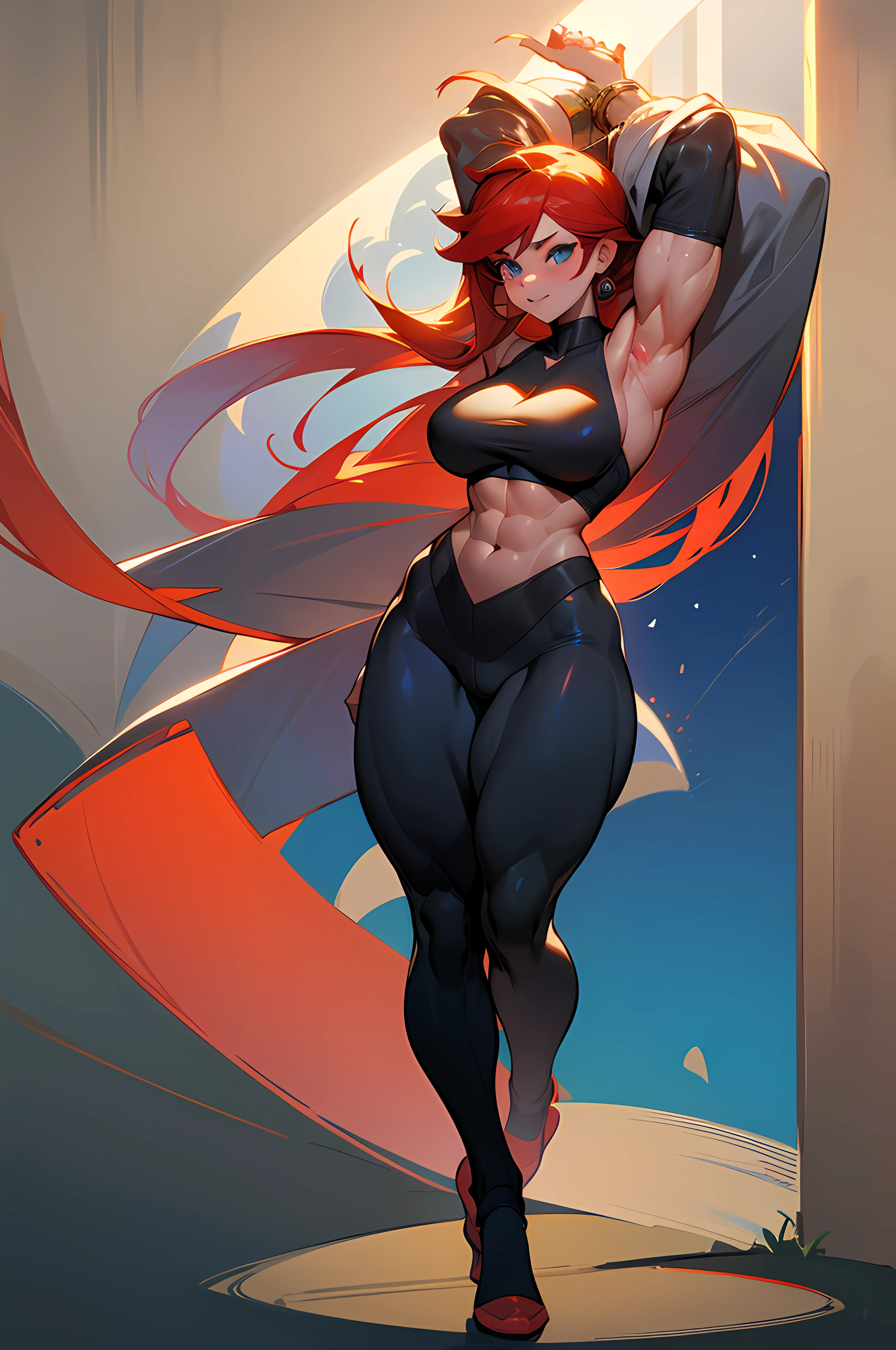(Masterpiece, ultra detailed: 1.5), (beautiful face: 3.5), perfect lighting, skin teeth, hourglass figure body female bodybuilder, 1girl, redhead, (big muscles: 3), big eyes, wide muscular shoulders, thick arms, (large pectorals: 4), marked pectorals, (large breasts: 4), (large breasts: 4), small waist, very long legs, very thick legs, big and thick buttocks, wide calves, full body centered, --auto