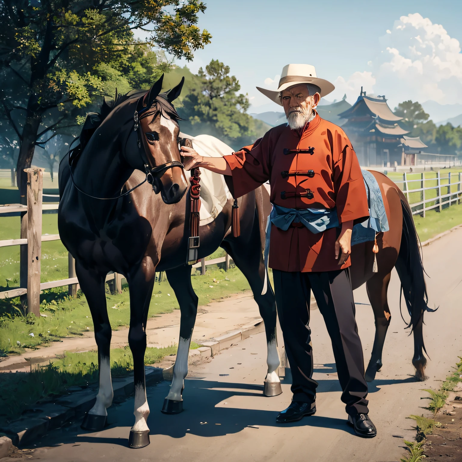 Steady medium shot, old man with a horse, ((horse)), sadly sitting on the side of the road, ((ancient China)), field --auto