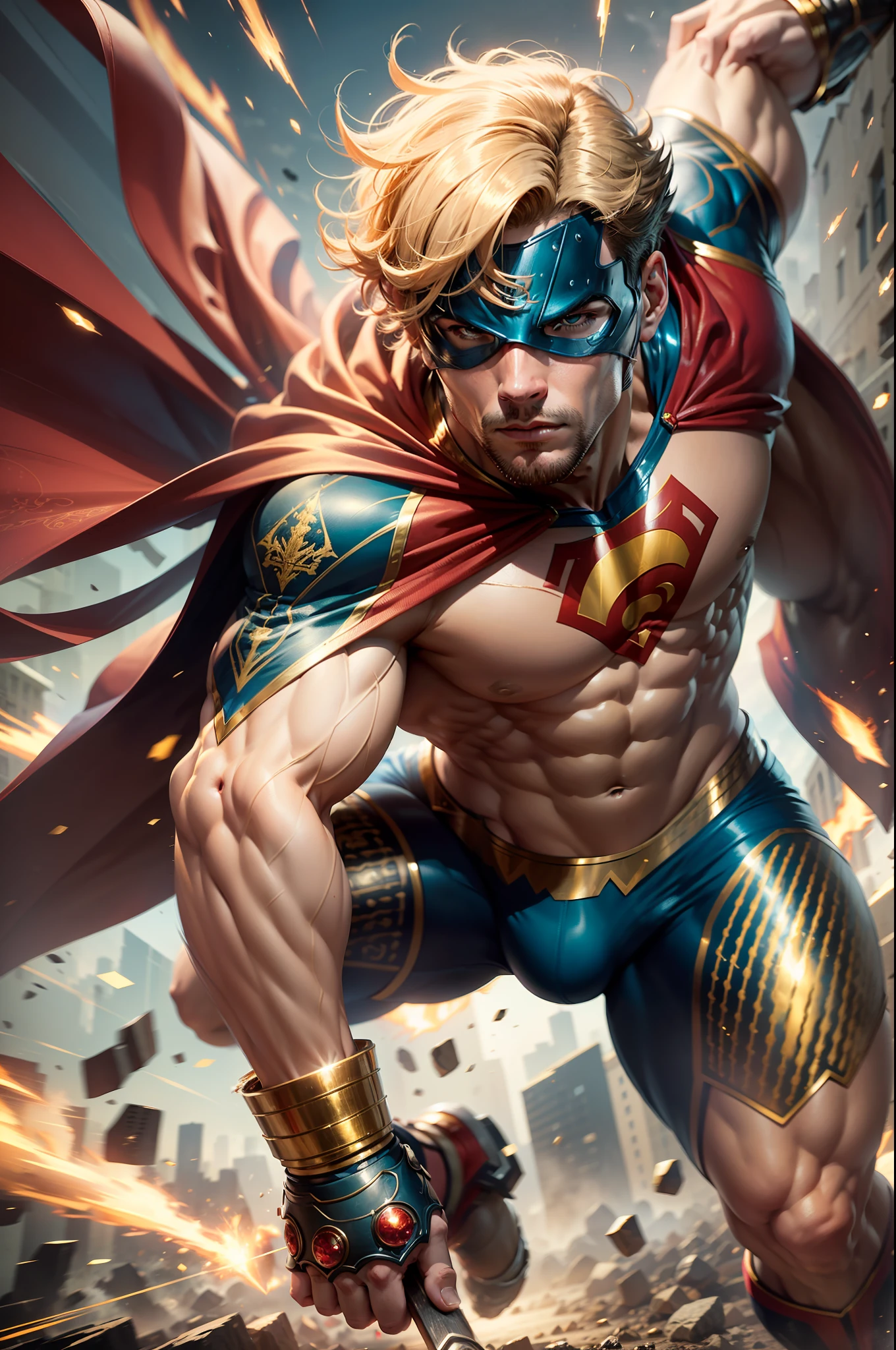 A man hero, intricate details, strong body, eye mask, messy short hair, superhero outfit rich in detail, vivid colors, action setting, centered image, dynamic pose, realistic, anime style, 16k, underwear with bulge, muscular hero underwear, underwear with hyper bulge, realistic, golden shiny particles, red cape swinging in the wind