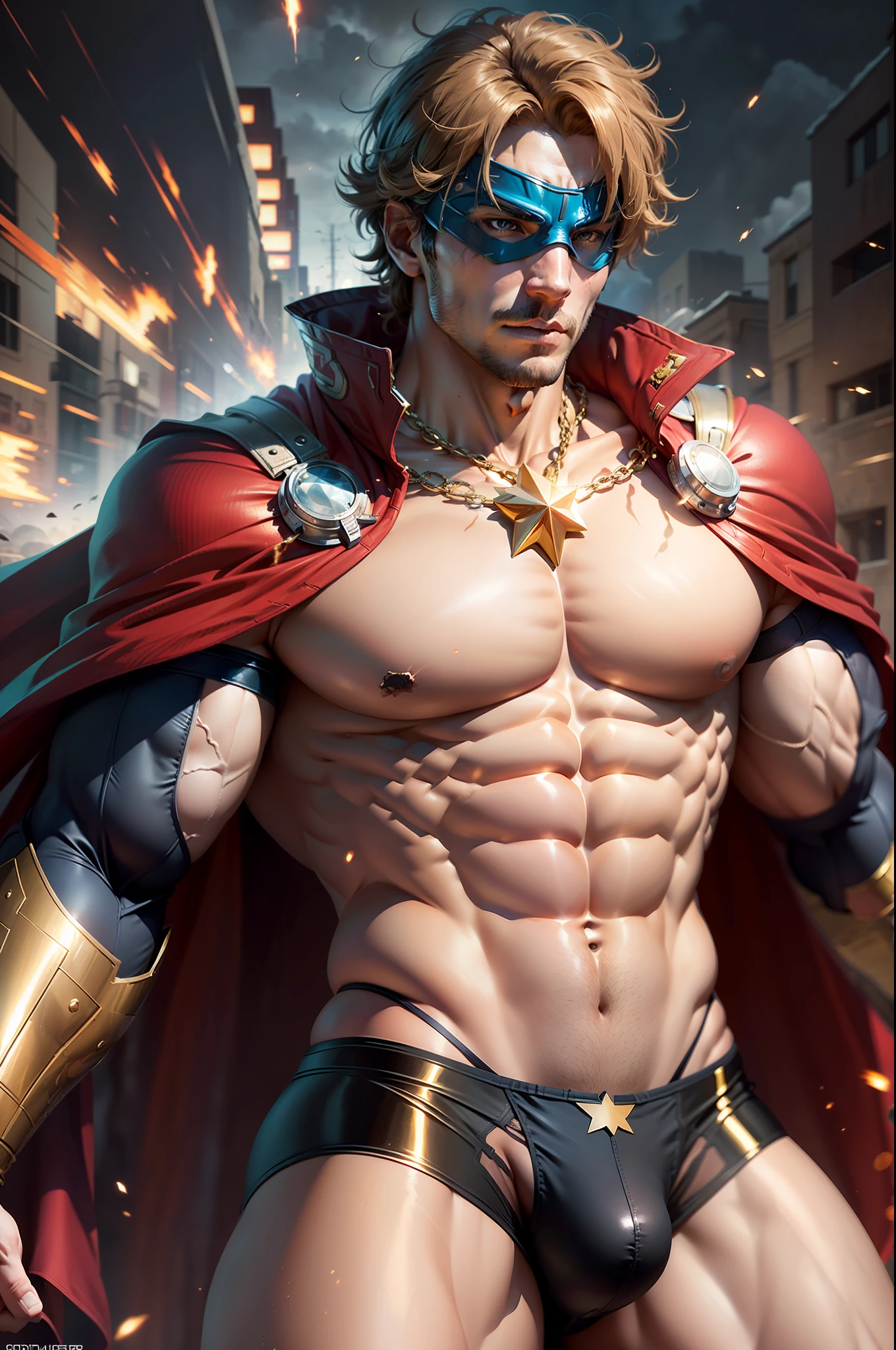 A man hero, intricate details, strong body, eye mask, messy short hair, superhero outfit rich in detail, vivid colors, action setting, centered image, dynamic pose, realistic, anime style, 16k, underwear with bulge, muscular hero underwear, underwear with hyper bulge, realistic, golden shiny particles, red cape swinging in the wind