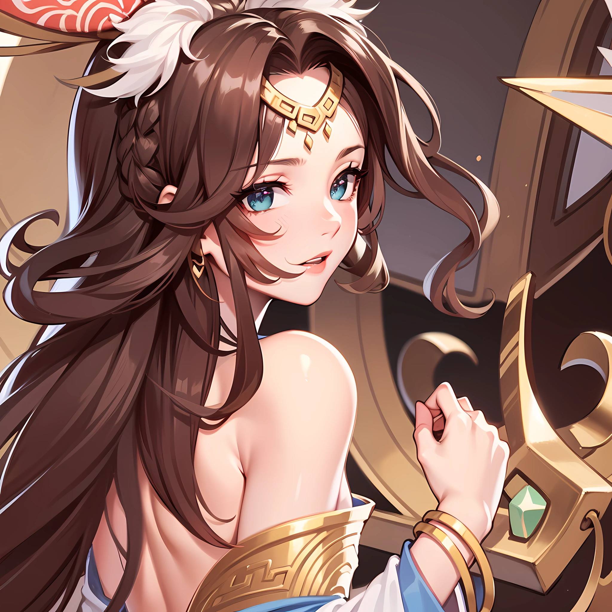 Fuqin, Beautiful Woman, Sable Cicada, Bare Back, Romance of the Three Kingdoms, Ancient Chinese Clothing, Wind Blowing, Flowing Hair, Turning Your Back to the Camera, Turning Your Head with Charming Eyes, Long Hair, Gradient Hair, Yellow and Red Hair, Long Hair, Loneliness, Ray Tracing, Reflected Light, Depth of Field, Close Up, Close Up, Masterpiece,,FOV,f1.8,Masterpiece, Best Quality, High Detail, Ultra High Quality, Ultra Detail, Perfect Drawing, CG, 3D, 8k, Illustration, High Quality, Ccurate, Textured Skin, UHD