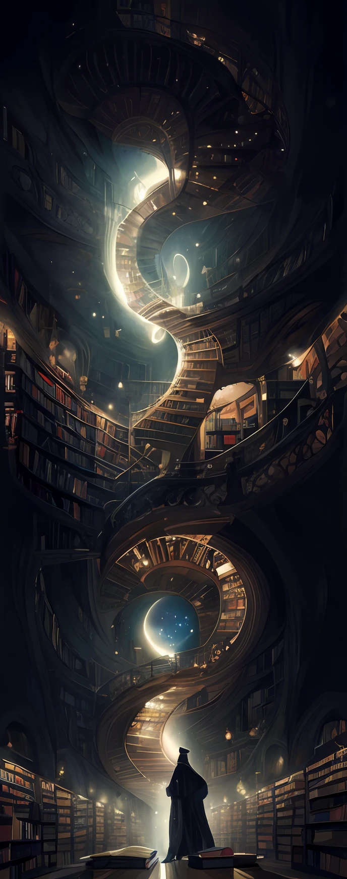 "The image of Arafat stands in the library, the book cave, the library that carries endless space, the spiral rack full of books, the Gothic epic library, the magic library, the Japanese science fiction book art, the infinite celestial library, the eternal library, books are everywhere, and the roof is dotted with stars."