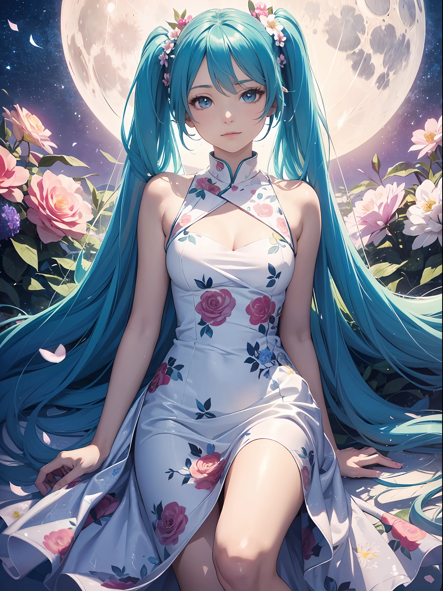 Top quality, photorealistic, ultra-fine illustration, beautiful attractive anime girl, Hatsune Miku, slender, tied hair, one girl, photo of girl in Mandarin Dress, (floral and transparent white dress: 2.0), full body, beautiful blue eyes, sideways, moon, night,
