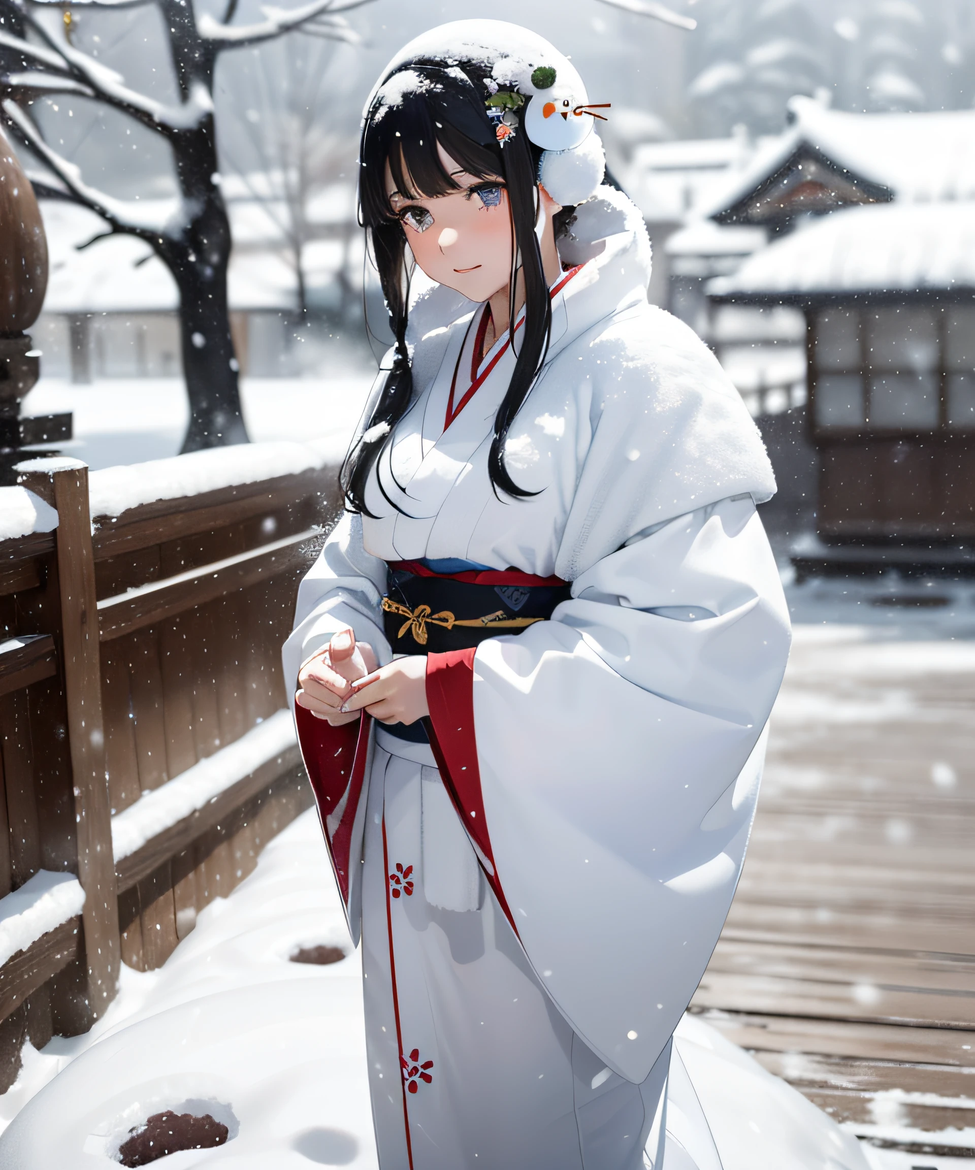Masterpiece, Realistic, Top Quality, Full Body, ((((Beautiful Snow Woman)))), ((((Beautiful Snow Woman in Old Tales)))), (Japan white kimono and white obi with long red sleeves fluttering and narrowed silver eyes looking at the viewer)), ((Black hair is so long that it almost sticks to the ground and a snowman-shaped hair ornament)), 25 years old, ( ( Snowy mountains in a blizzard that is so blown that the figure is blurred by snow))), ((face facing down and looking up)), ((no headgear))), photorealistic, blurring the background