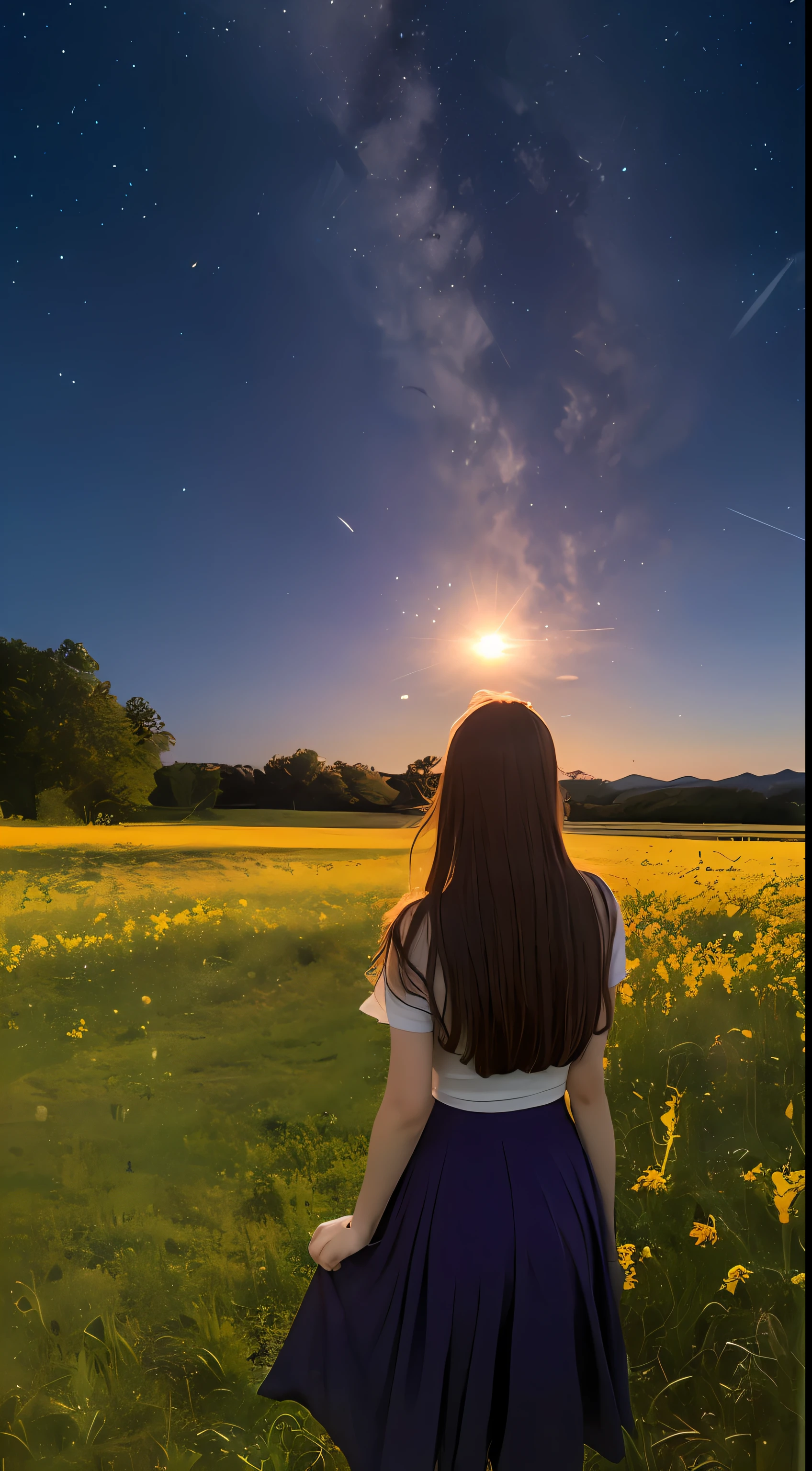 Vast landscape photo, (viewed from below, the sky is above and the open field is below), a girl standing on a flower field looking up, (full moon: 1.2), (meteor: 0.9), (nebula: 1.3), distant mountains , Trees BREAK Crafting Art, (Warm Light: 1.2), (Fireflies: 1.2), Lights, Lots of Purple and Orange, Intricate Details, Volumetric Lighting, Realism BREAK (Masterpiece: 1.2), (Best Quality), 4k, Ultra-Detailed, (Dynamic Composition: 1.4), Very Detailed, Colorful Details, (Rainbow Colors: 1.2), (Glow Lighting, Atmospheric Lighting), Dreamy, Magical, (Solo: 1.2)