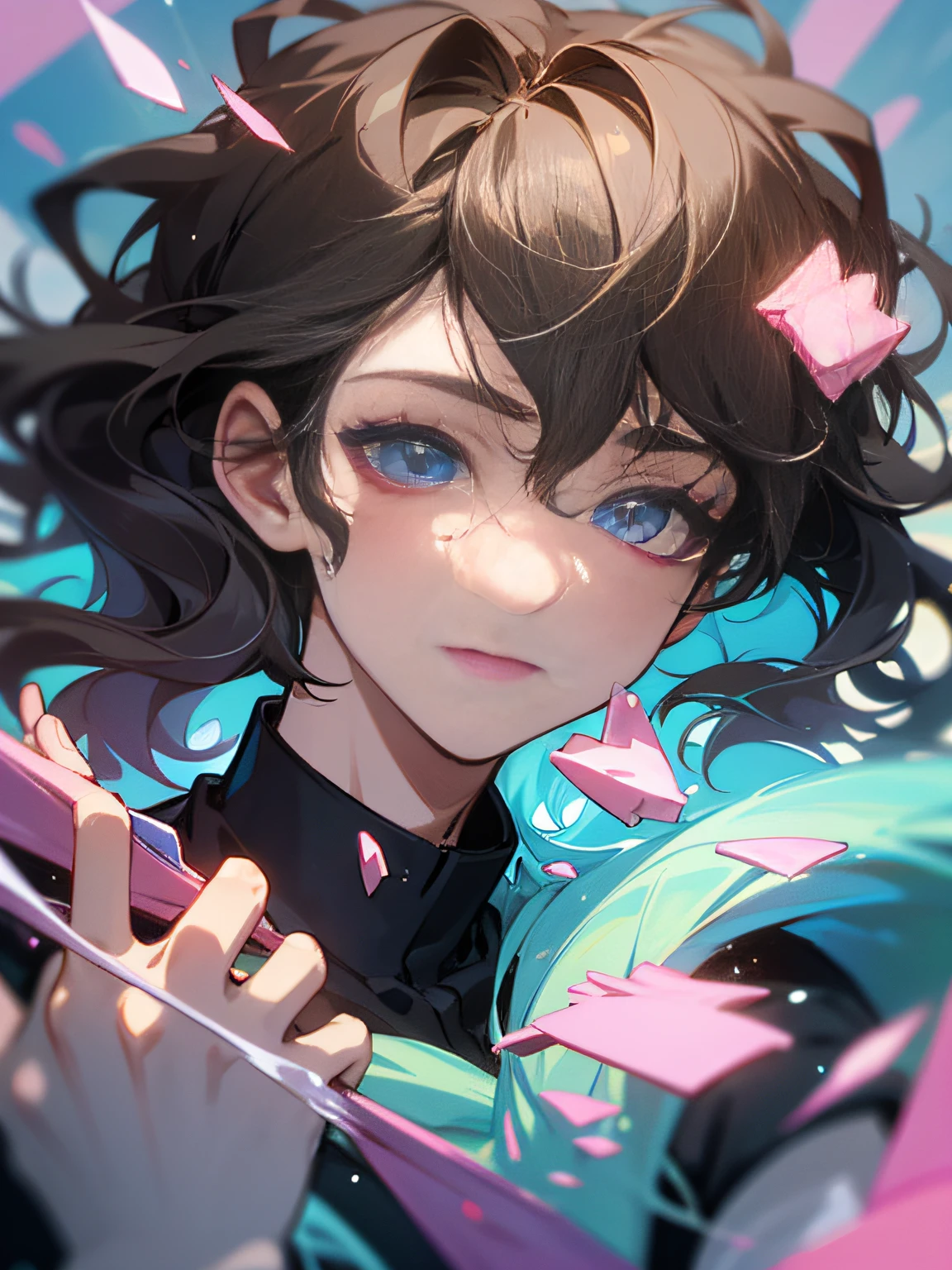 Super detail, high quality, masterpiece, anime, 1 boy, NY. Beautiful young man smashing glass. Wavy hair, long eyelashes, fragile young man. Colorful hexagonal fragments fly apart.