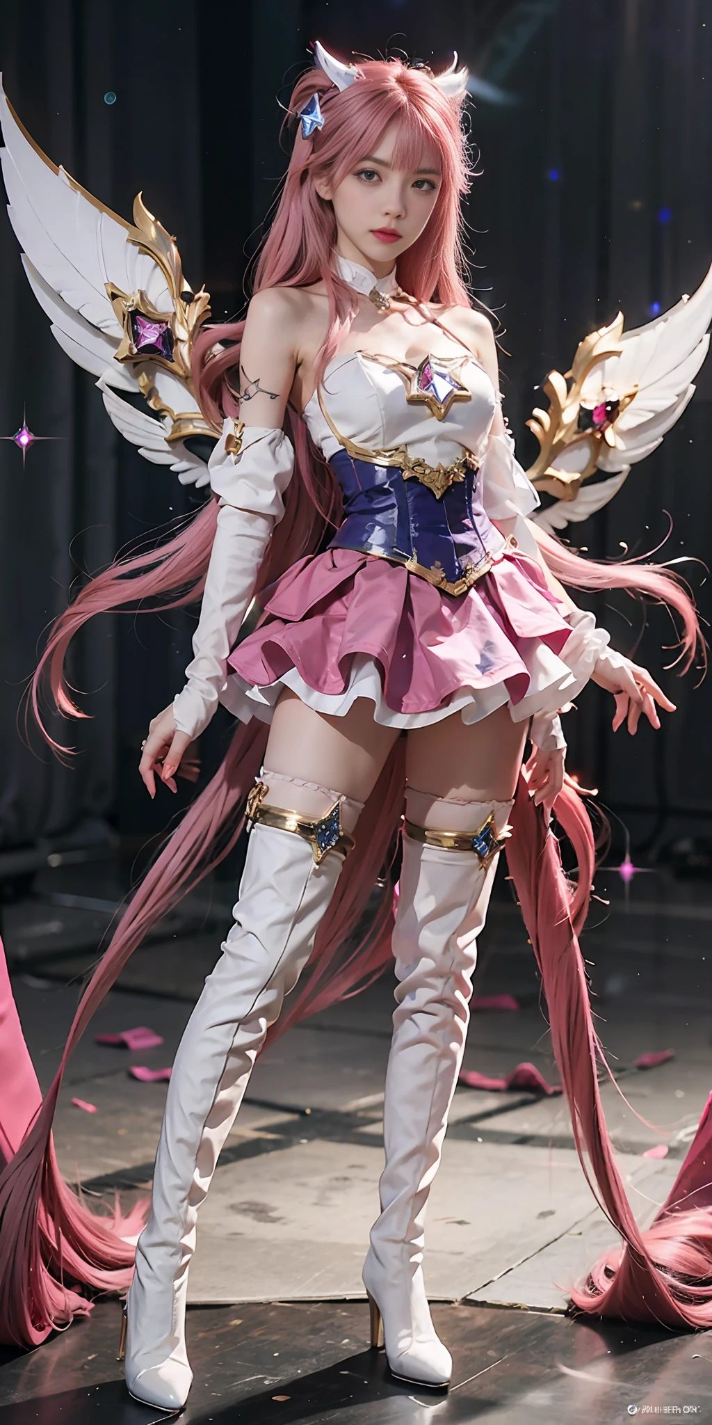 1girl, star guardian (league of legends), pink hair, gloves, long hair, thighhighs, skirt, thigh boots, elbow gloves, hand on hip, bare shoulders, solo, (wings), white gloves, breasts, boots, pink eyes, full body, bangs, magical girl, hair ornament, star (symbol), looking at viewer, high heels, standing,Galaxy, rainbow, fantasy, pink background, stars,