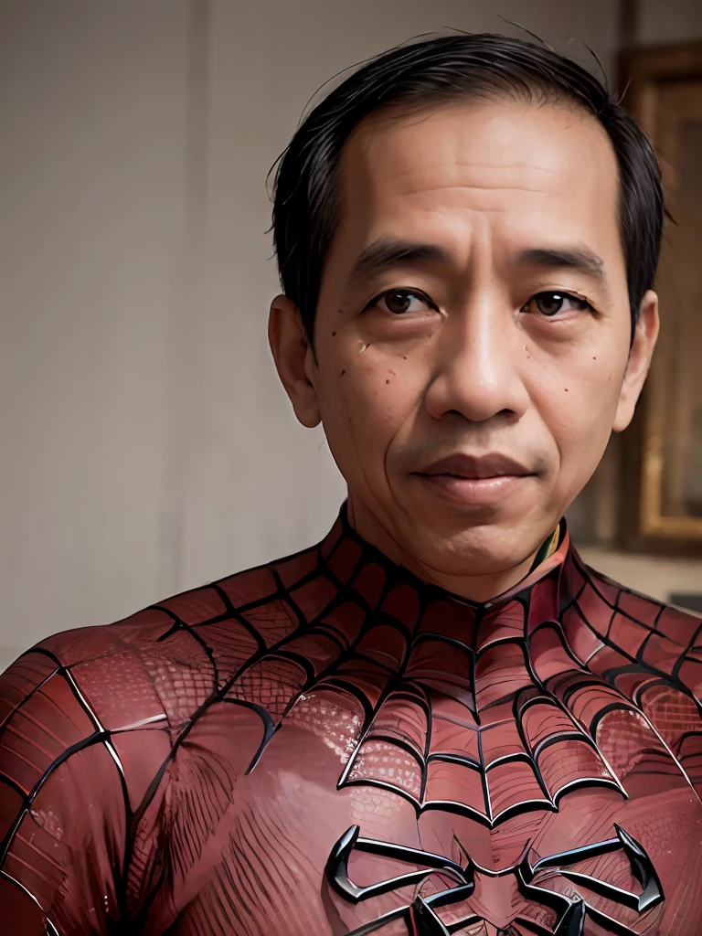 4k, Best quality, masterpiece, ultra high res, beautiful lighting, (realistic, photo-realistic:1.4), realistic background,
 jokowi, 
1man, 50 years old, spiderman, open_mask,