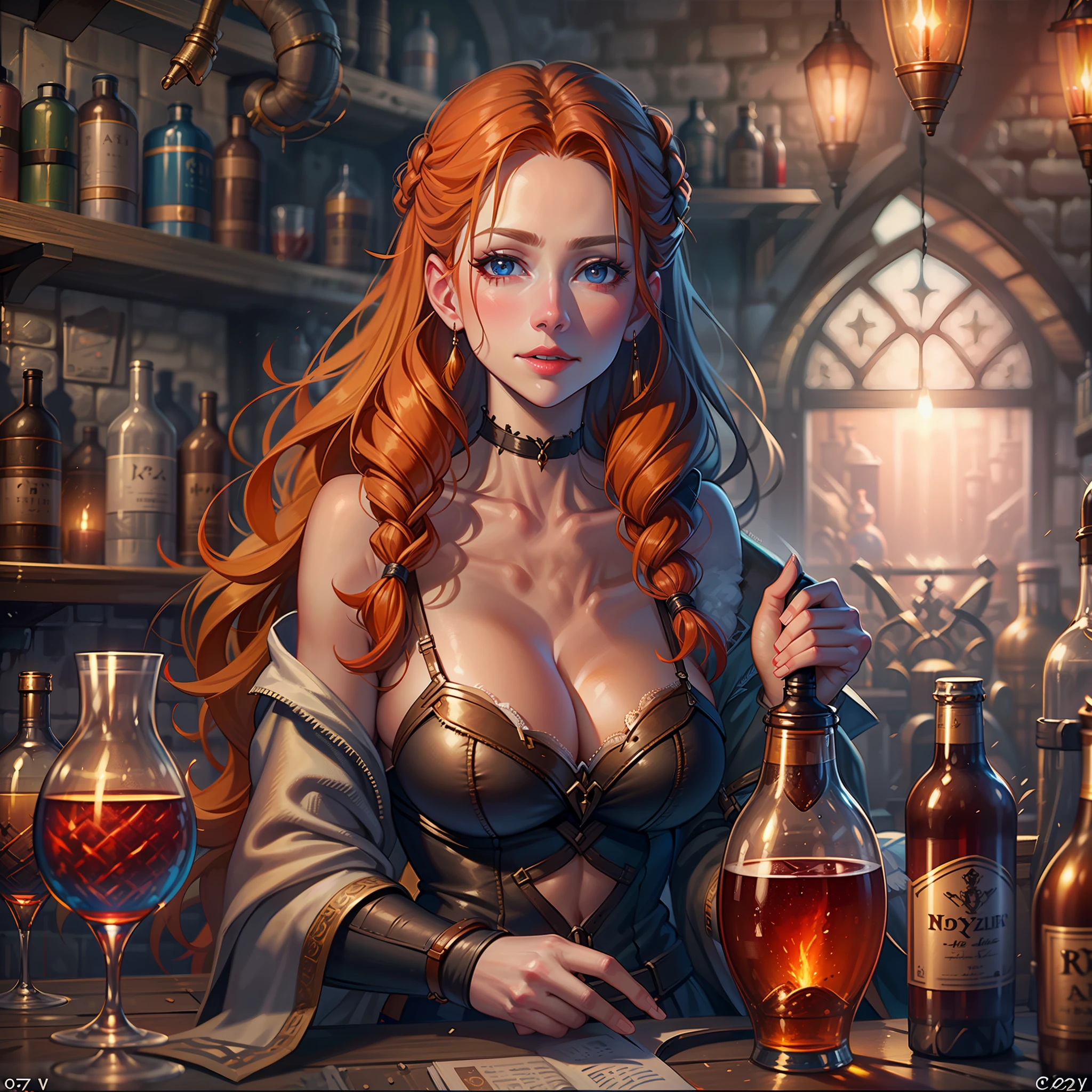 beautiful ginger women in detailed dress at cozy detailed potions shop, air above hair, IPA award wining, masterpiece