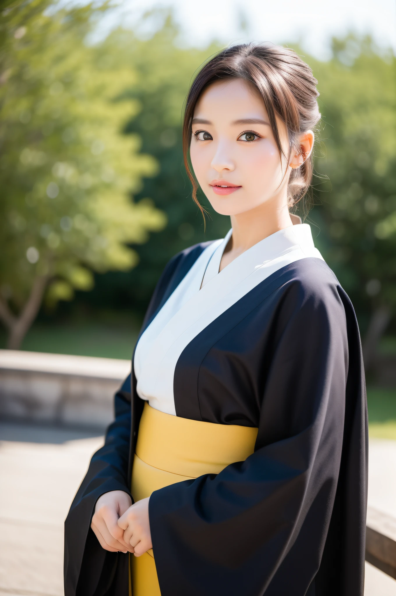 ((Best Quality, 8K, Masterpiece: 1.3)), Sharp Focus: 1.2, (Super Beautiful Face: 1.0), (Slender Abs Beauty: 1.0), (Shiny Skin: 1.2), Realistic Photography, Black Hair, Realistic Pupils, Video Lighting, High Resolution Eyes and Face, Video Lighting, (Cowboy Shot: 1.3), (Kimono, Hakama, Obi: 1.4), (Korean Cute Actress), Traditional Kimono, Audience Watch, From the front,