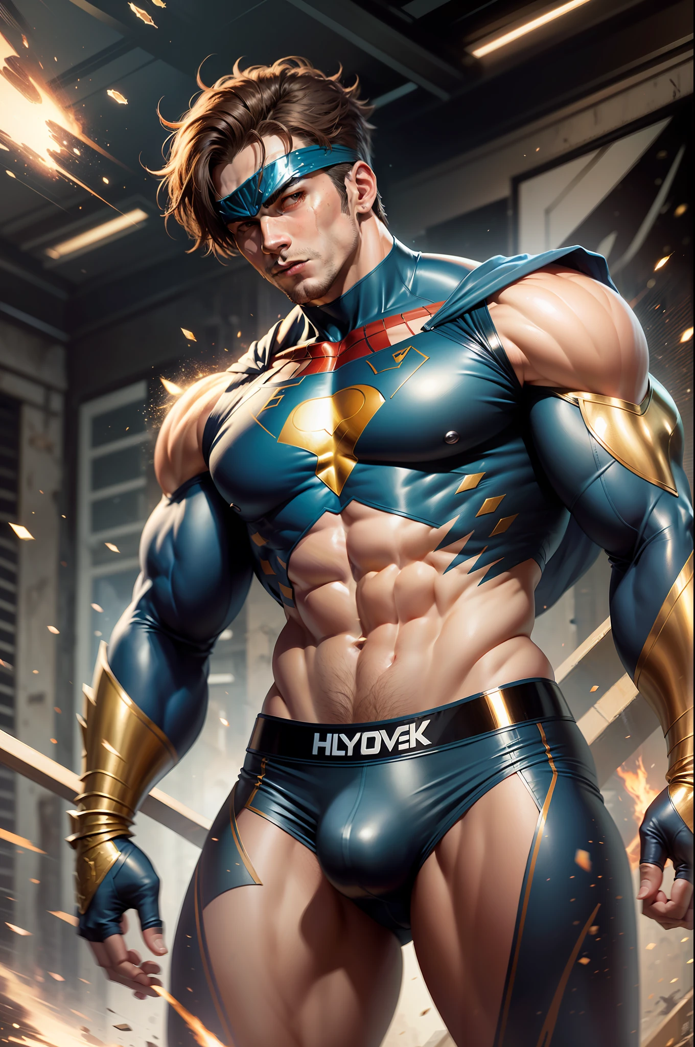 A man hero, intricate details, strong body, eye mask, messy short hair, superhero outfit rich in detail, vivid colors, action setting, centered image, dynamic pose, realistic, anime style, 16k, underwear with bulge, muscular hero underwear, underwear with hyper realistic bulge, golden shiny particles