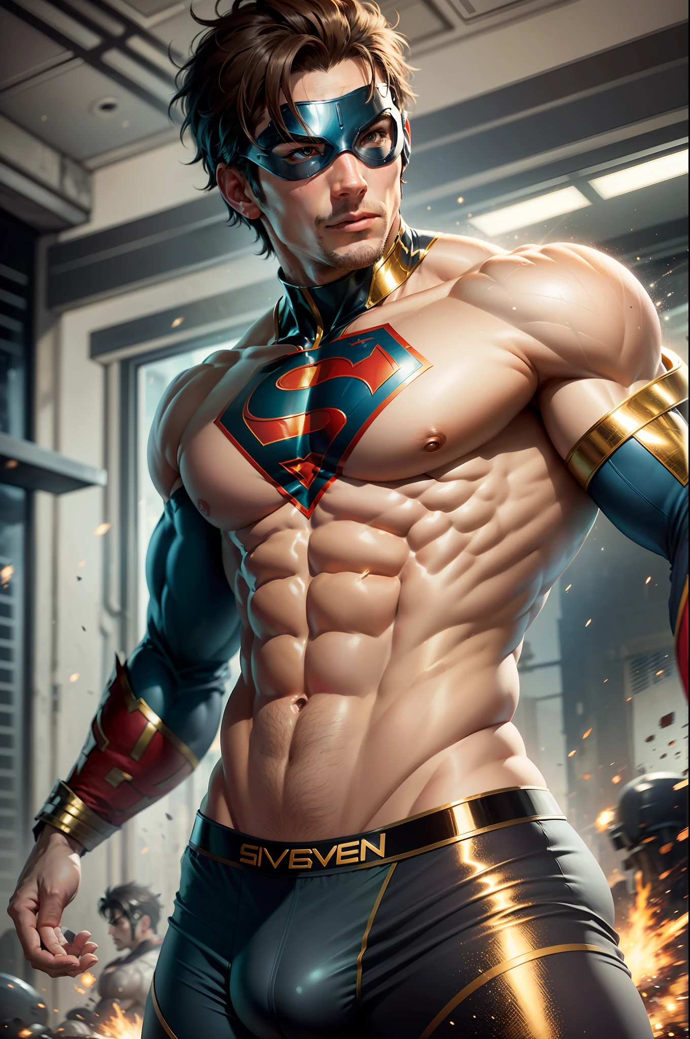A man hero, intricate details, strong body, eye mask, messy short hair, superhero outfit rich in detail, vivid colors, action setting, centered image, dynamic pose, realistic, anime style, 16k, underwear with bulge, muscular hero underwear, underwear with hyper realistic bulge, golden shiny particles