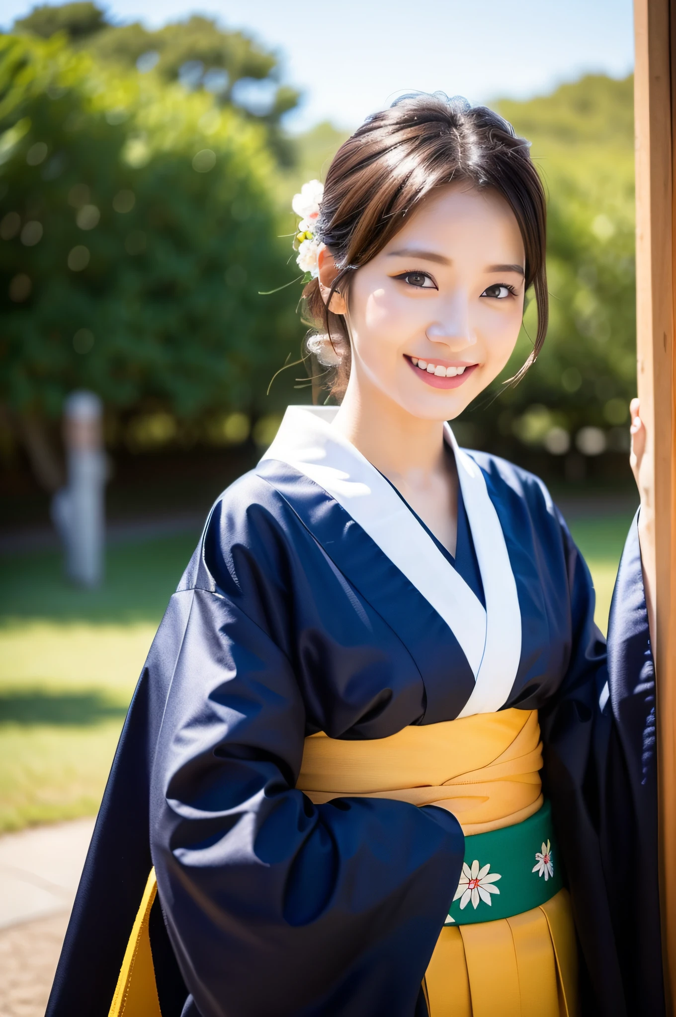 ((Best Quality, 8K, Masterpiece: 1.3)), Sharp Focus: 1.2, (Super Beautiful Face: 1.0), (Slender Abs Beauty: 1.0), (Shiny Skin: 1.5), Realistic Photos, Black Hair, Realistic Pupils, Video Lighting, High Definition Eyes and Face, Video Lighting, (Cowboy Shot: 1.3), (Kimono, Hakama, Obi: 1.4), (Korean Cute Actress), Traditional Kimono, Happy, Watch the audience, From the front, big