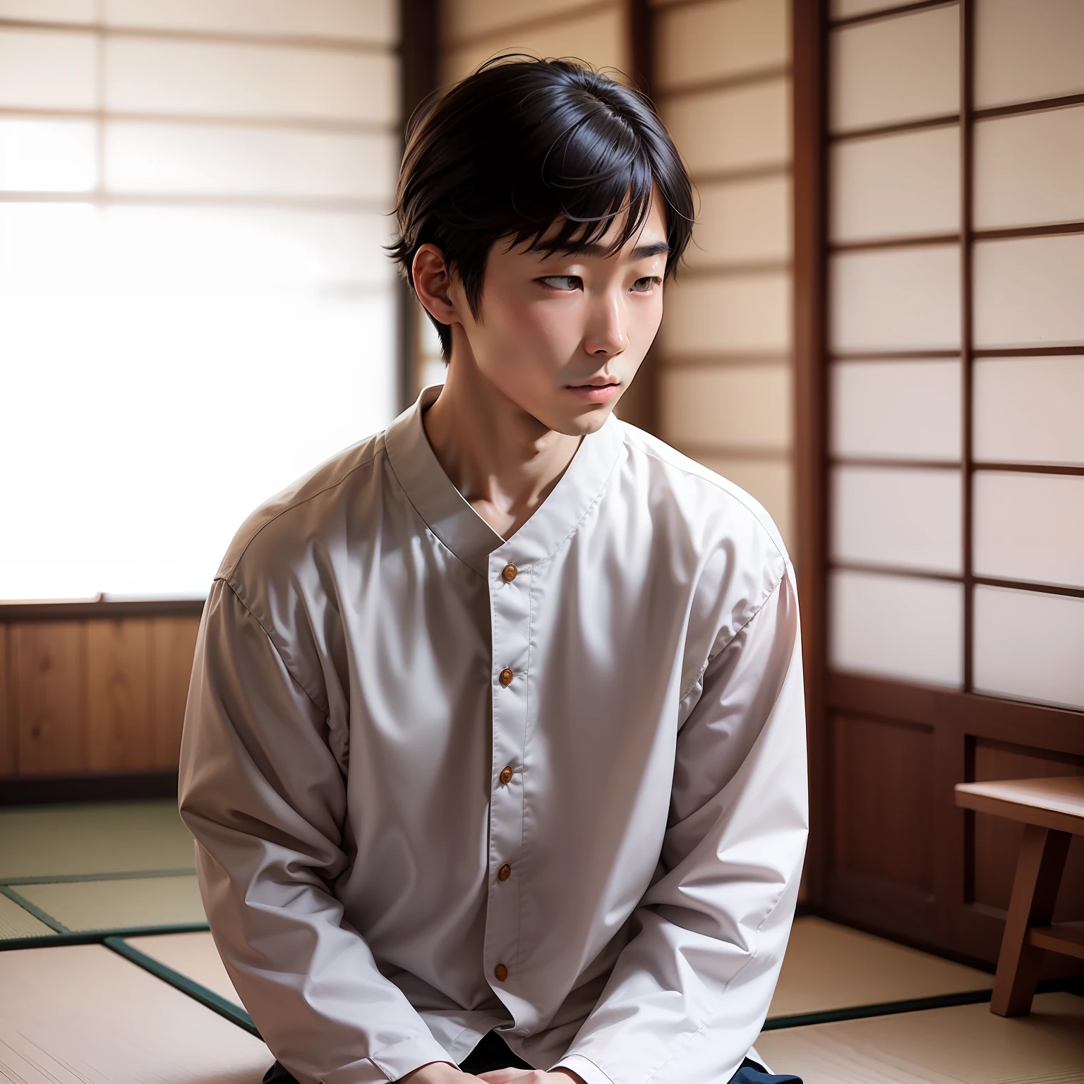Japanese male college student in a Japanese-style room.