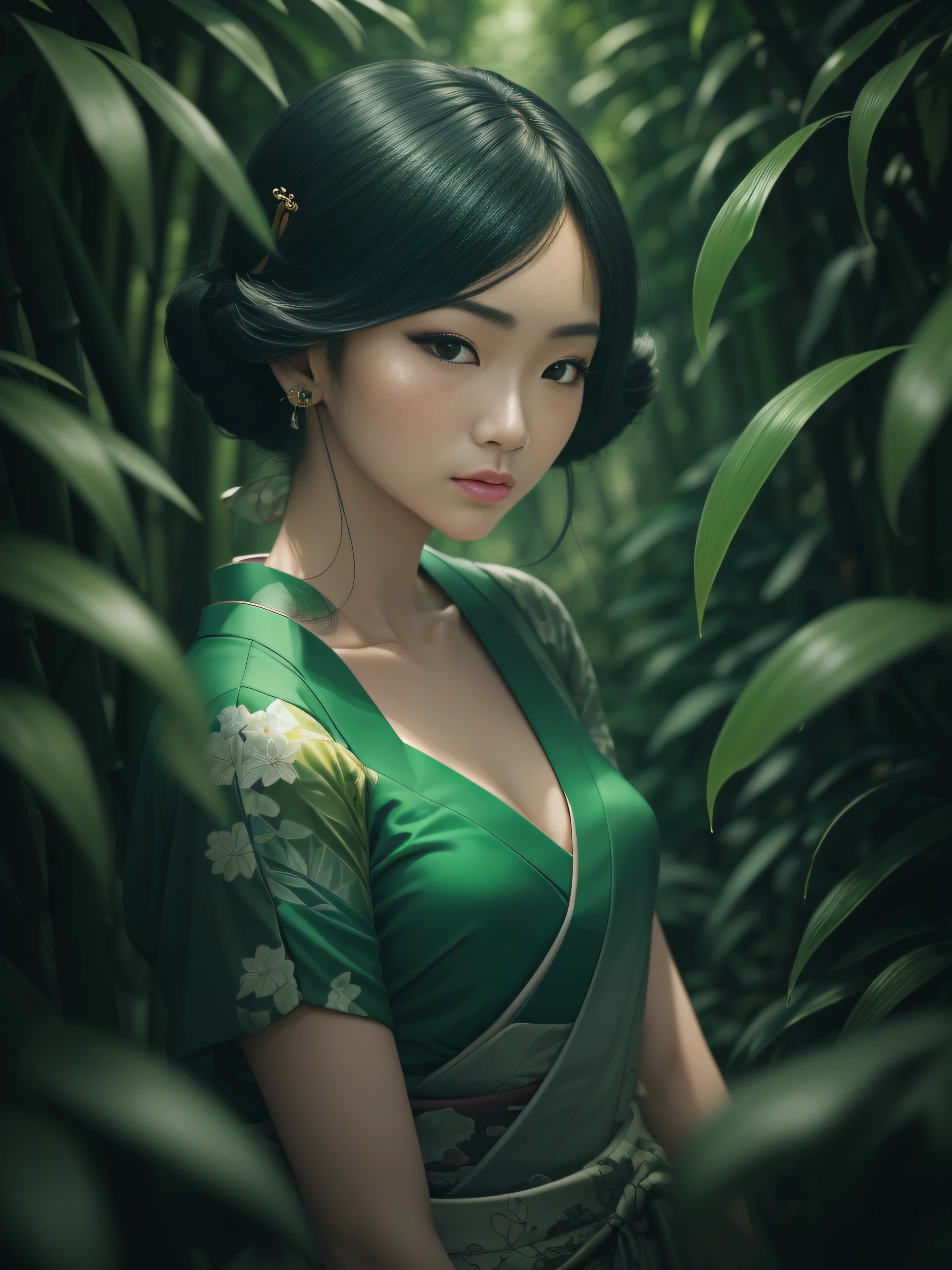 A stunning young woman, with features chiseled from Asian beauty standards, eyes reflecting the emerald green of surrounding bamboo forest, (((Japanese retro))), emphasizing the delicate contours of her face, beauty lush environment, Artist: Andreas Franke --ar 4:5 --s 180, chiaroscuro, motion lines, multiple monochrome, masterpiece, super detail, award winning, award winning, best quality --auto