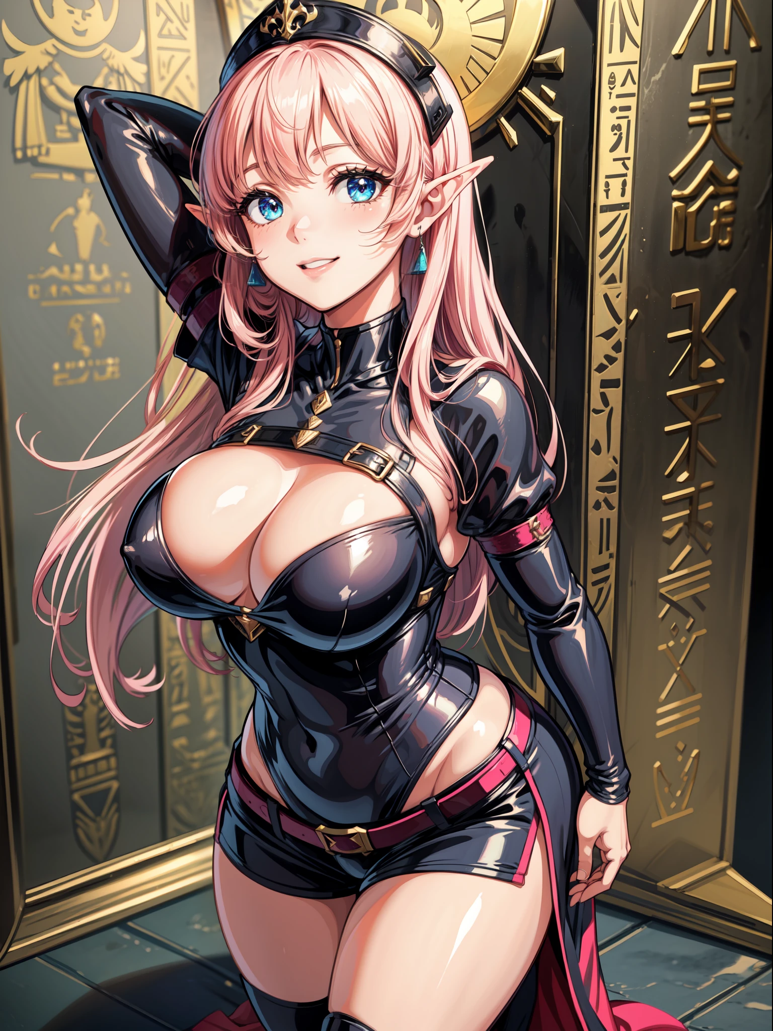 ((Full body, standing):1.5), Princess Zelda: wearing extremely tight-fitting black maid outfit, with short white shorts, extremely large breasts, pink hair, blue eyes, posing erotic, smiling and looking at viewer , in an Egyptian tomb filled with (sarcophagi:1.4). anime, anime, Hyperrealism, Hyperrealism, 16k, ((high quality, high details):1.4), UHD, masterpiece