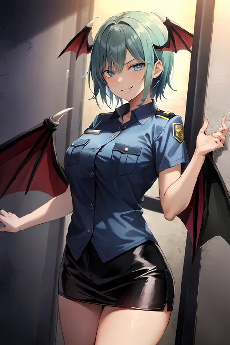 masterpiece, best quality, high resolution, solo, standing, adult woman, light blue clothes, police uniform, black hair, bat win...