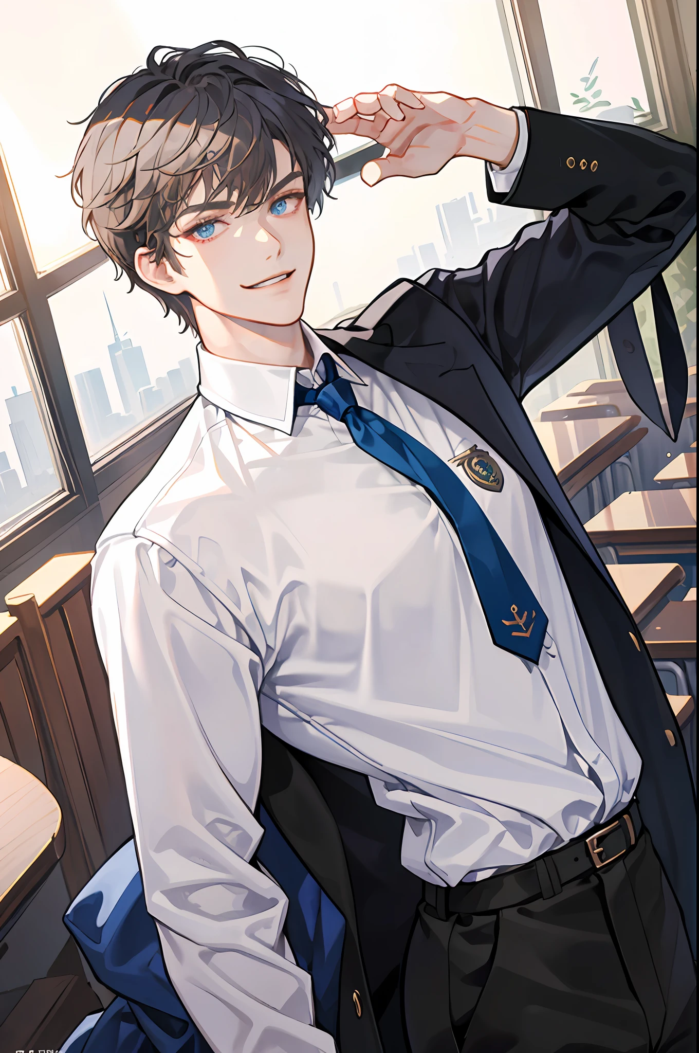 ((Masterpiece: 1.2, top quality)), (handsome: 1.4), best quality, 1man, short hair, hair trimmed short, very short hair tousled back, comma bangs, handsome student, solo, trendy, grey hair, icy blue eyes, lean body, tall body, slightly muscular, skinny, masculine, alpha male, clean shaven face, broad shoulders, tiny waist, modern, man wears korean school uniform, sophisticated uniform, brown trousers, dark blue shirt, dark blue blazer, student council badge, half body shot, CG 8k, high school student, smirking, perfect anatomy, correct limbs, looking at viewer, in school classroom