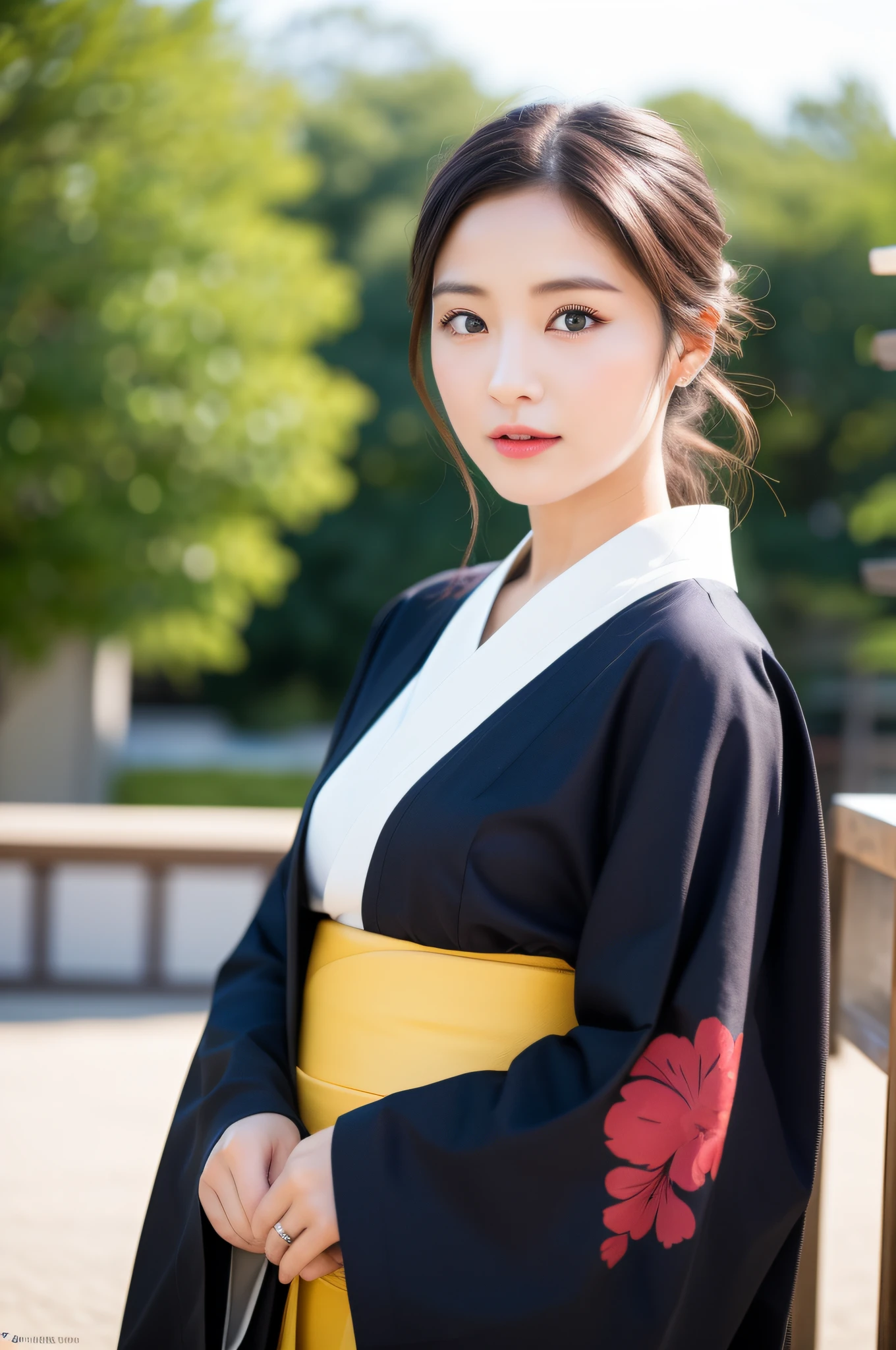 ((Best Quality, 8K, Masterpiece: 1.3)), Sharp Focus: 1.2, (Super Beautiful Face: 1.0), (Slender Abs Beauty: 1.0), (Shiny Skin: 1.2), Realistic Photography, Black Hair, Realistic Pupils, Video Lighting, High Resolution Eyes and Face, Video Lighting, (Cowboy Shot: 1.3), (Kimono, Hakama, Obi: 1.4), (Korean Cute Actress), Traditional Kimono, Audience Watch, From the front,