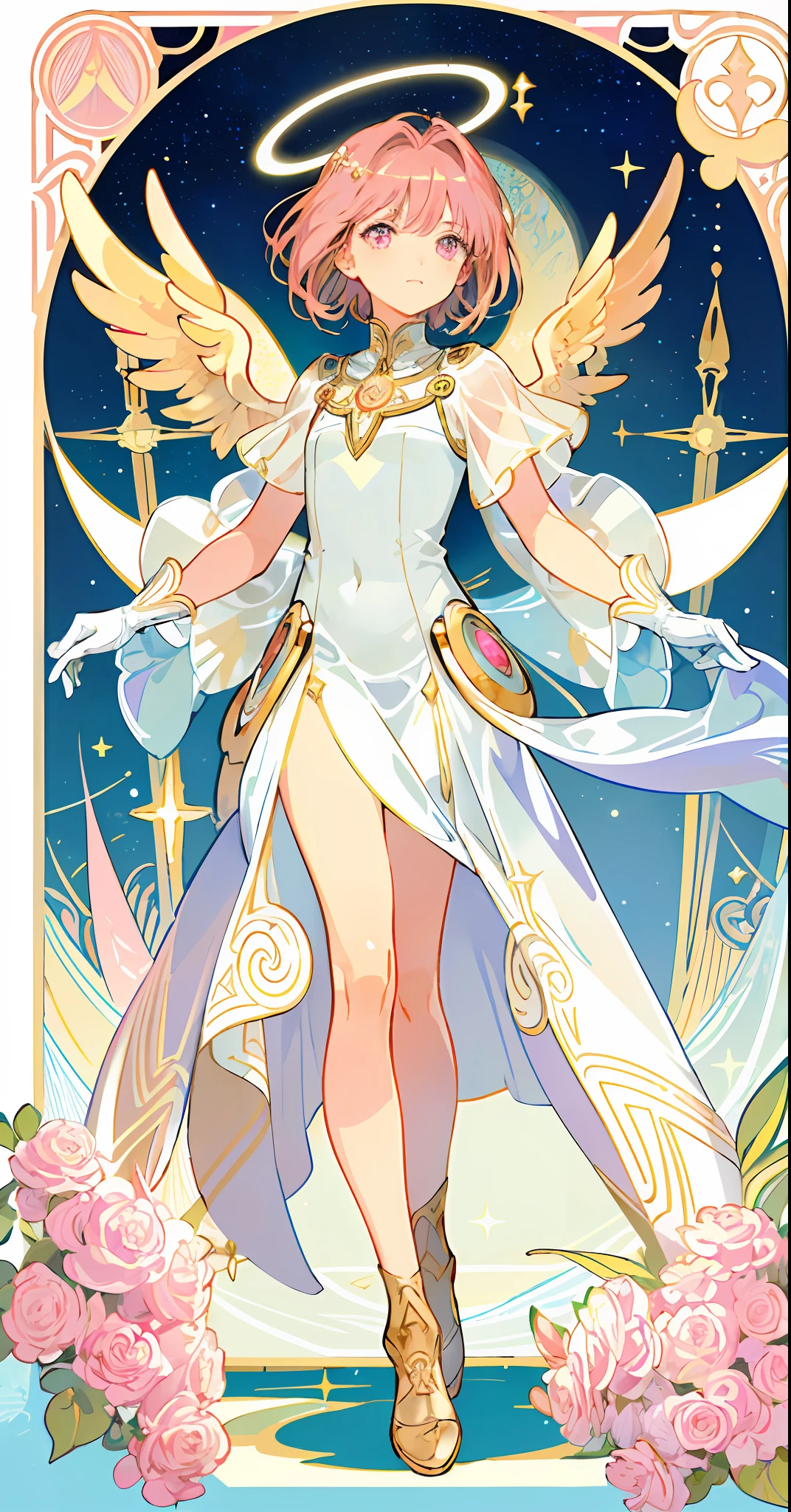 ((masterpiece,best quality)),(1girl, solo:1.4),beautiful detailed eyes, vivid, cinematic light, full_body, pink_flowers, (tarot_card), intricate, detailed background, looking_at_viewer, Cardcaptor sakura, hands reaching out, (flat chest), (walking), casual pose, posing, (white_gloves), (pink_eyes), white feathers, sparkles, glitter, celestial, outerspace, by alphonse mucha, (gold frame), halo, (tarot border)