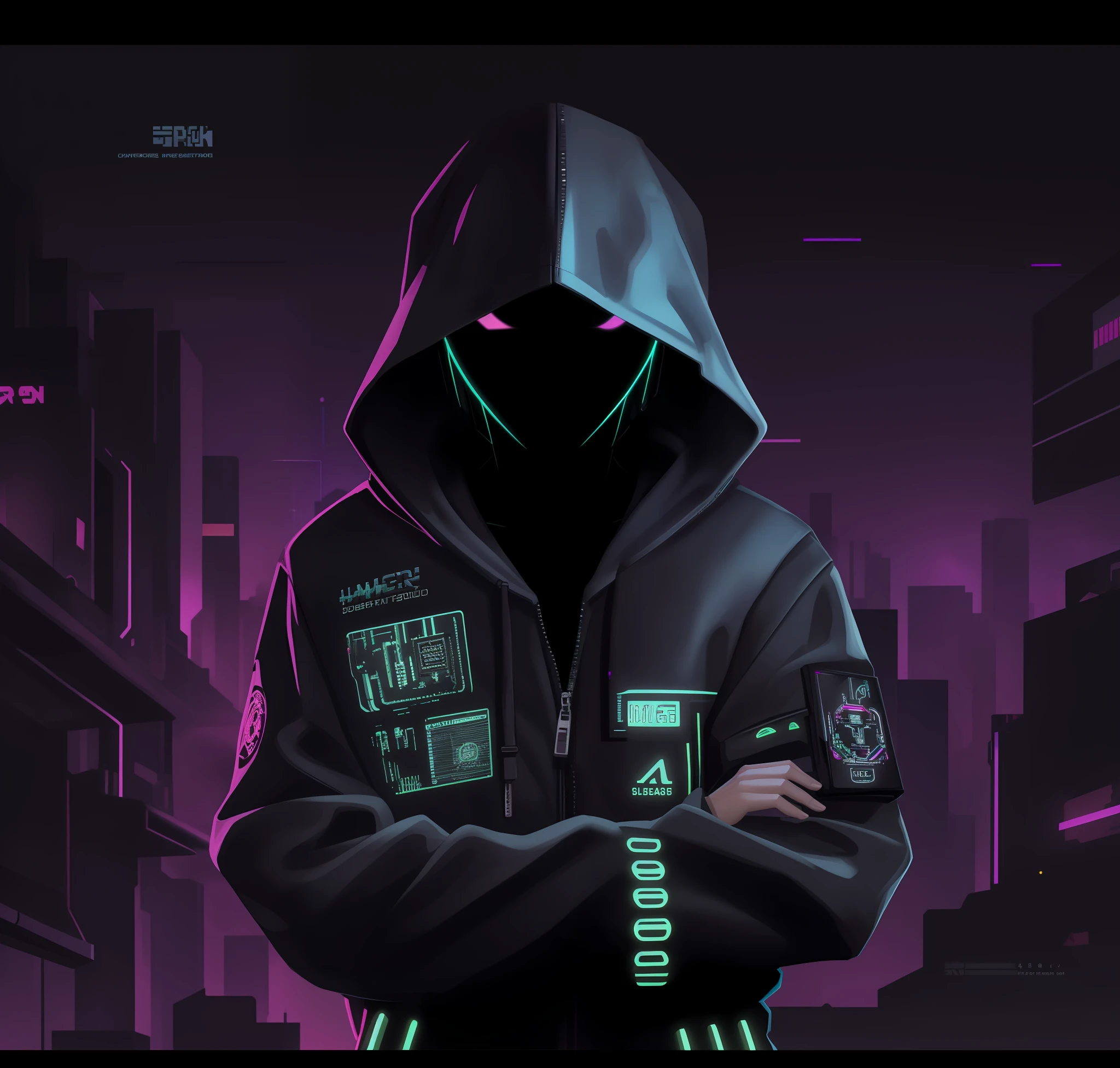 a hoodedie with a neon green background and a bright circuit, digital art style, cyber style, cyberpunk art style, 8k hd digital art wallpaper, has cyberpunk style, cyberpunk digital art, cyberpunk hacker with arms crossed, cyberpunk artstyle, wearing cyberpunk streetwear with arms crossed, hologram sci - fi hood, cyberpunk anime girl in hoodie, cyberpunk streetwear, 4K digital art, cybernetic background, arms crossed