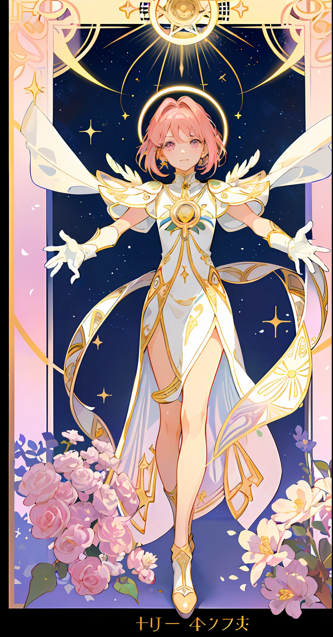 ((masterpiece,best quality)),(1girl, solo:1.4),beautiful detailed eyes, vivid, cinematic light, full_body, pink_flowers, (tarot_card), intricate, detailed background, looking_at_viewer, Cardcaptor sakura, hands reaching out, (flat chest), (walking), casual pose, posing, (white_gloves), (pink_eyes), white feathers, sparkles, glitter, celestial, outerspace, by alphonse mucha, (gold frame), halo, (tarot border)