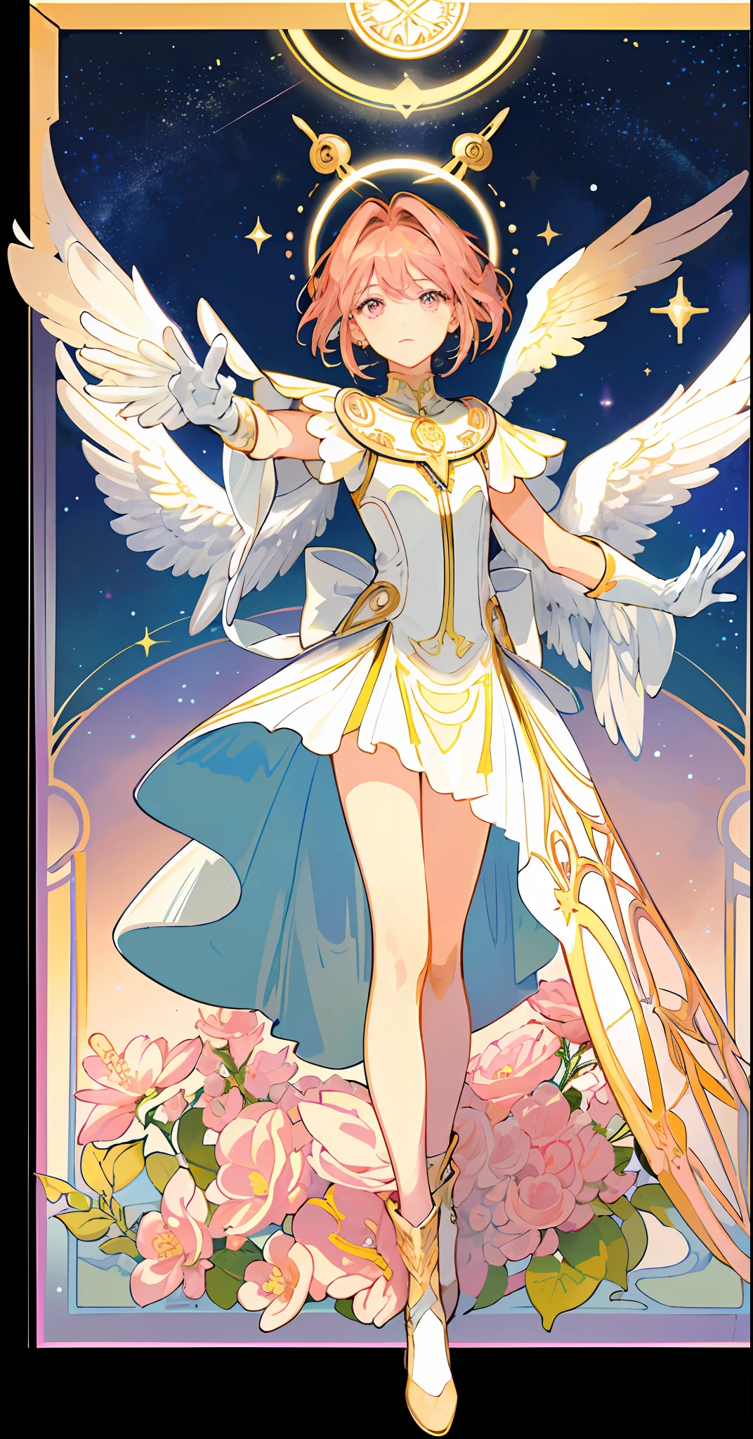 ((masterpiece,best quality)),(1girl, solo:1.4),beautiful detailed eyes, vivid, cinematic light, full_body, pink_flowers, (tarot_card), intricate, detailed background, looking_at_viewer, Cardcaptor sakura, hands reaching out, (flat chest), (walking), casual pose, posing, (white_gloves), (pink_eyes), white feathers, sparkles, glitter, celestial, outerspace, by alphonse mucha, (gold frame), halo, (tarot border)