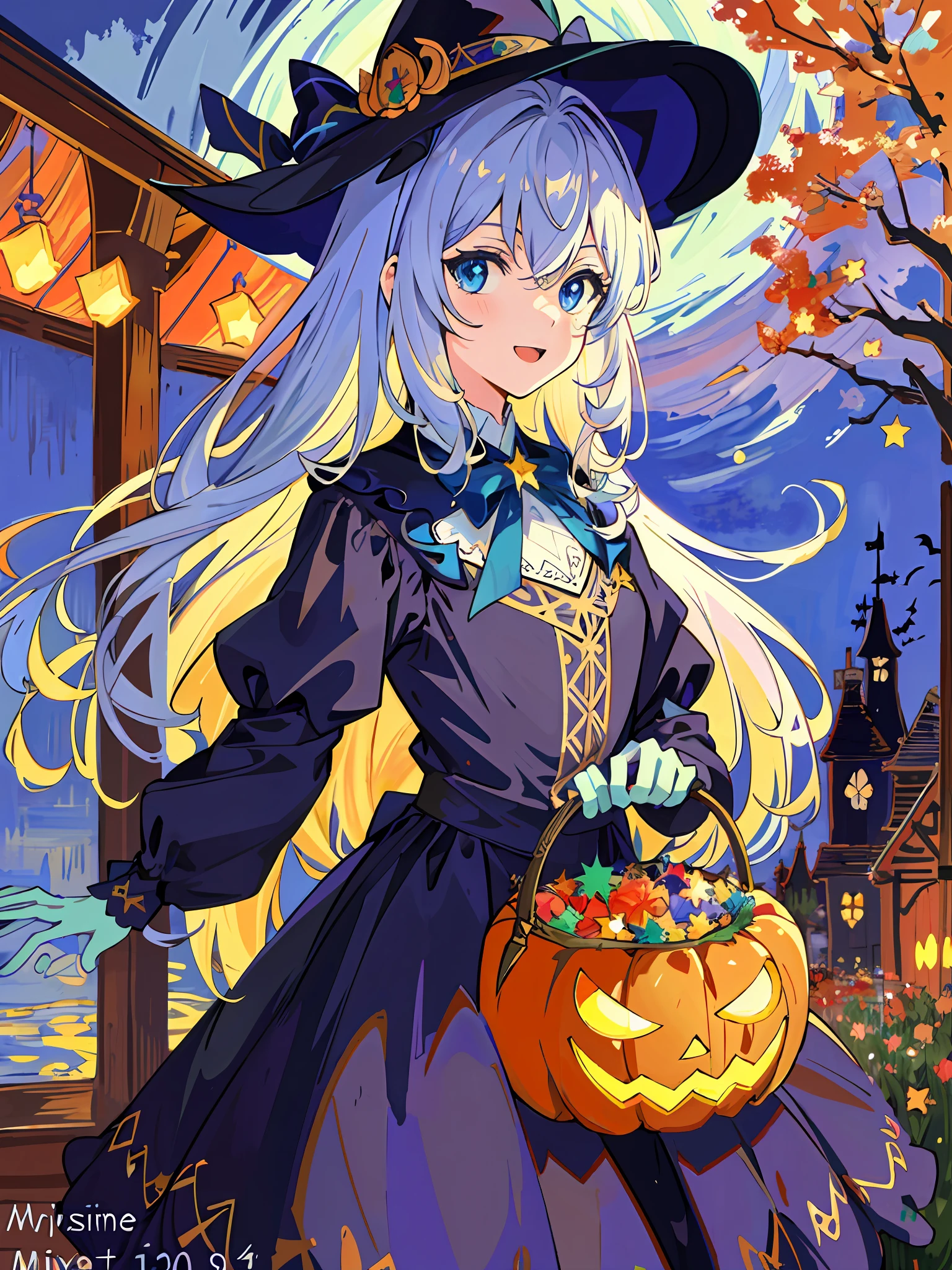 ((masterpiece:1.2, best quality)), 1girl, solo, (witch hat), a close up of a girl with curly hair, dress, aurora, night, star (sky), gloves, sky, dress, night sky, open mouth, starry sky, light blue eyes, ribbons, smile, cape, colorful hair, magic, casting spell, night, (impressionism:1.4), alphonse mucha, Halloween colors, colorful candy, magical lights, pumpkins, candies