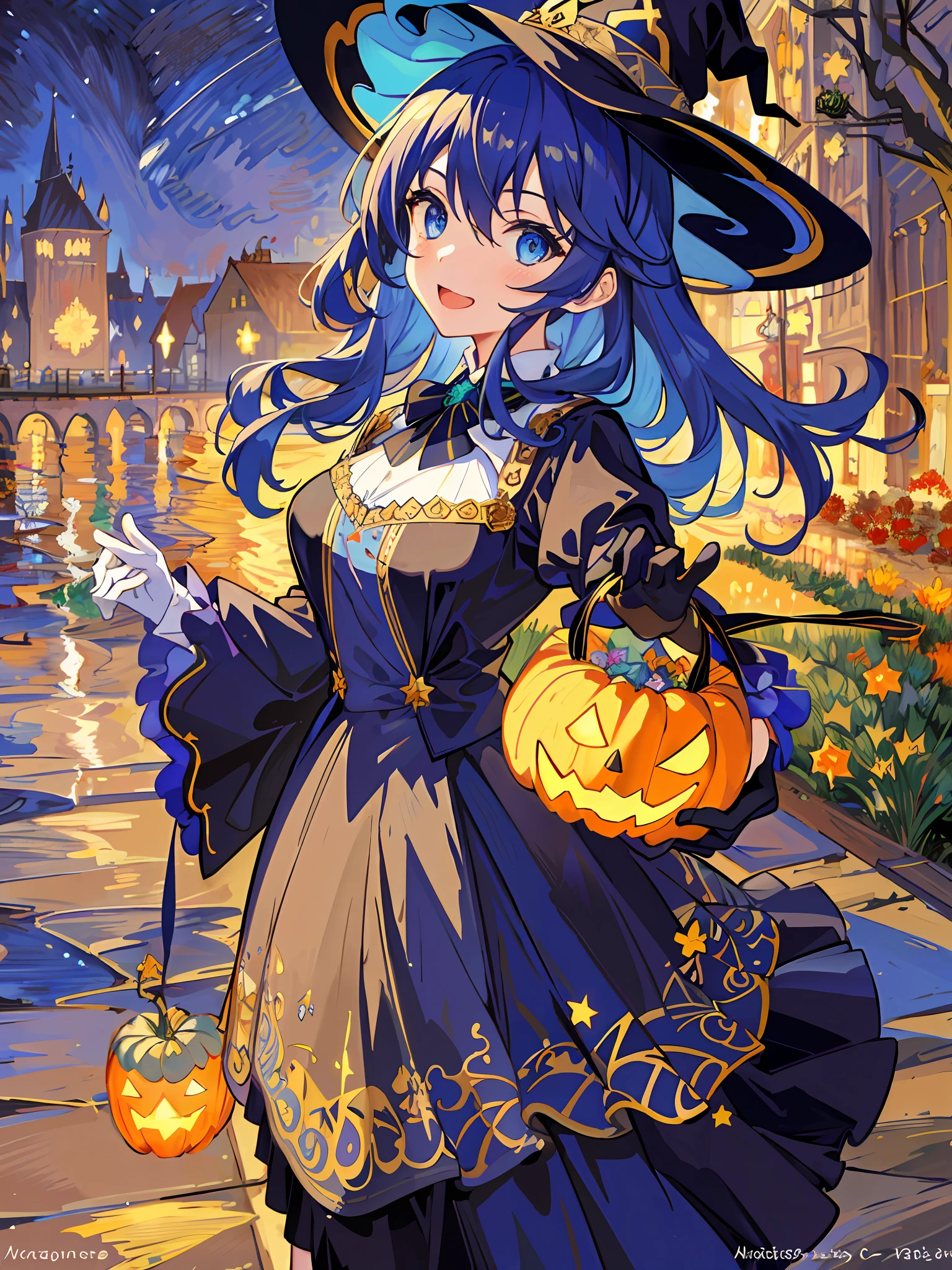 ((masterpiece:1.2, best quality)), 1girl, solo, (witch hat), a close up of a girl with curly hair, dress, aurora, night, star (sky), gloves, sky, dress, night sky, open mouth, starry sky, light blue eyes, ribbons, smile, cape, colorful hair, magic, casting spell, night, (impressionism:1.4), alphonse mucha, Halloween colors, colorful candy, magical lights, pumpkins, candies