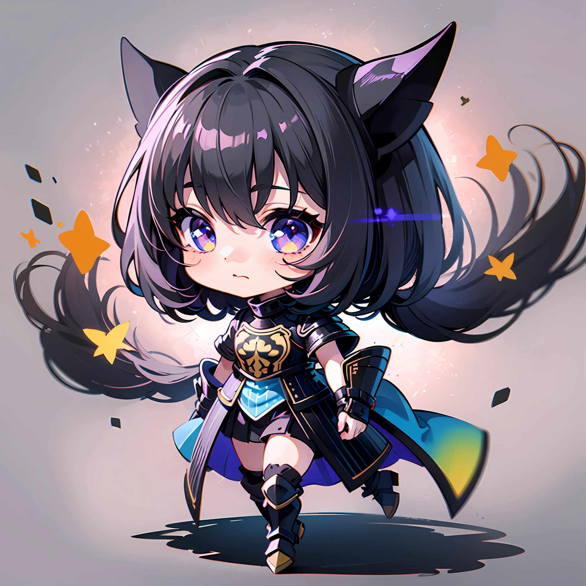 ((Sticker: 1.5))), ((Chibi Chara)), (White Background), Fluffy, Girl, Black Knight, Black Knight Armor Costume, With Saber, Black Knight Pose, Chibi Chara, Full Body, Pastel Hair, Fairy Tale, Fantastic, Rainbow, T-Shirt Design, Best Masterpiece, Best Quality, 16k, Riding a Horse