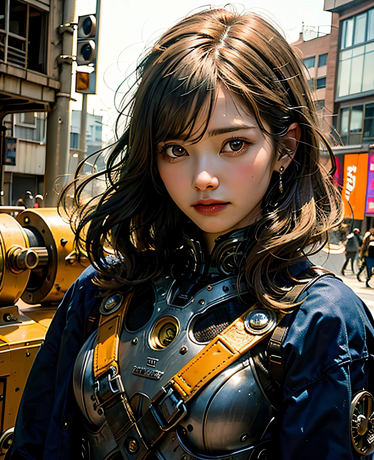 Gray hair, flowing short hair, strong wind, orange eyes, shiny eyes, steampunk boy, big, face, raw, visible. photorealistic real, portfolio, fine LED, golden metal mech set, steampunk, metal, beautifully decorated, beautiful relief, small parts polymer, detailed mech parts, thin tube bundle, metal cylinder, detailed neon, fine LED, fine parts, gears, gauges, pressure gauges, steam, look at the audience with an elegant expression