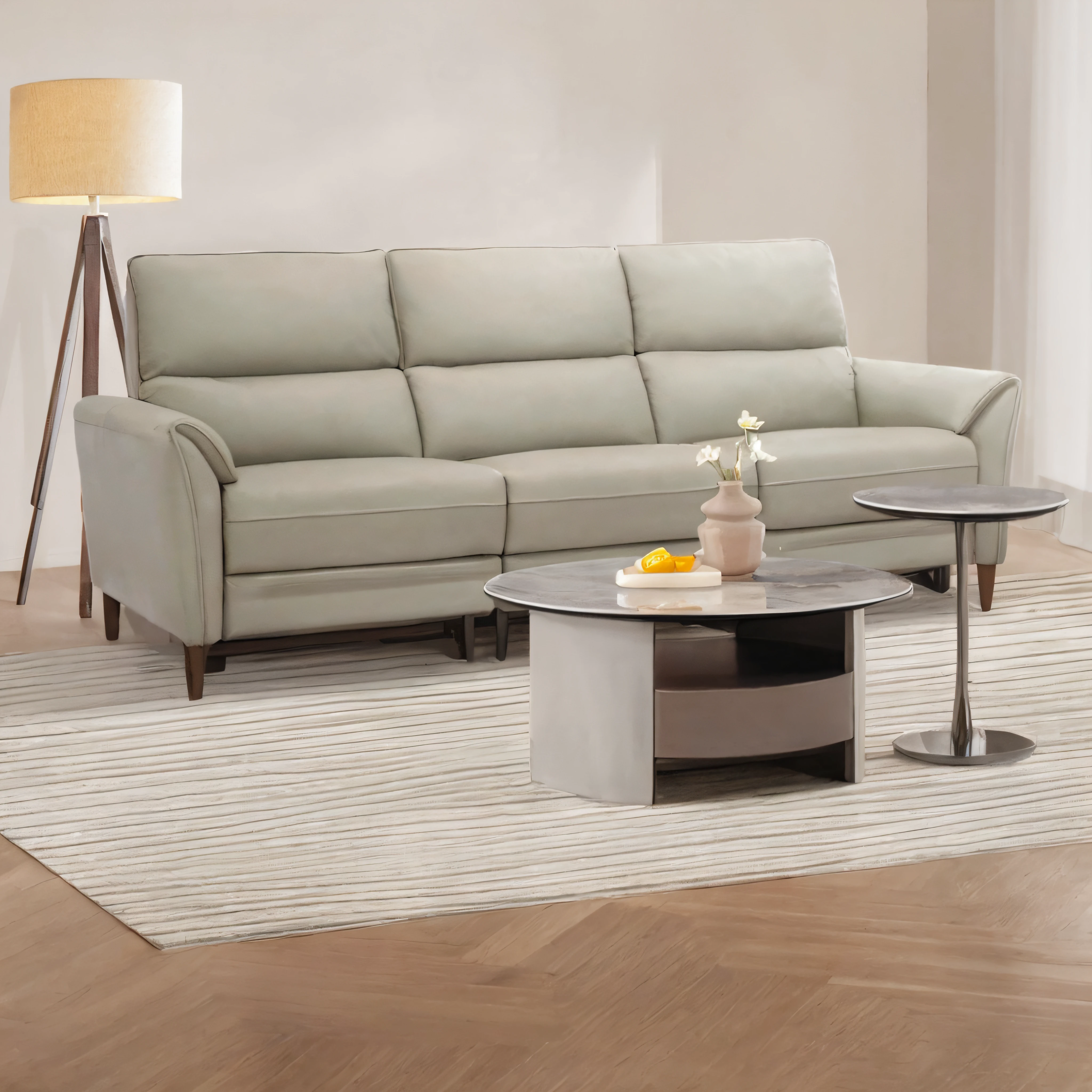 "Best quality, high resolution product photos, detailed images, leather furniture and décor perfectly presented, advertising images, furniture concept photos, furniture flips, cowhide sofas, leather textures, listing pictures, sofas and tables placed in large living rooms, right angle view, detailed zoom photos, just the right amount of light and shadow detail, full lens of landscapes."