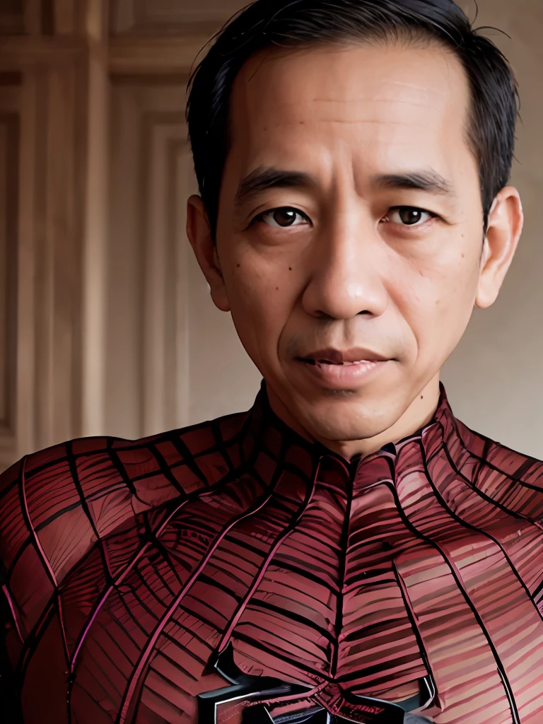 4k, Best quality, masterpiece, ultra high res, beautiful lighting, (realistic, photo-realistic:1.4), realistic background,
 jokowi, 
1man, 50 years old, spiderman, open_mask,