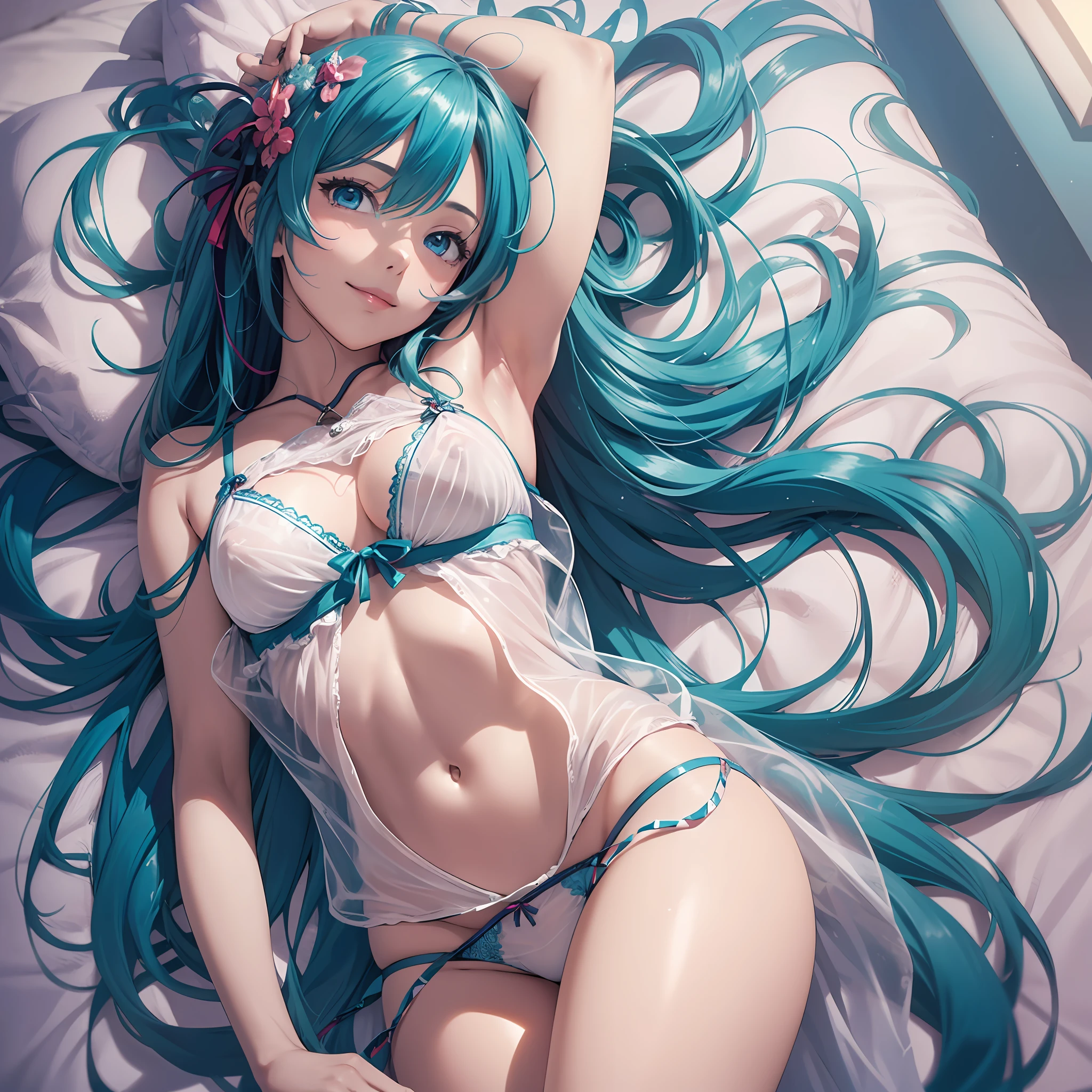 (1 girl), (solo), photorealistic, ultra-fine illustration, beautiful attractive anime girl, super detail, smile, beautiful blue eyes, beautiful proportions, Hatsune Miku, slender, gentle look, seductive anime girl, sexy nightgown girl, full body, bed, (transparent underwear with showing through: 2.0),