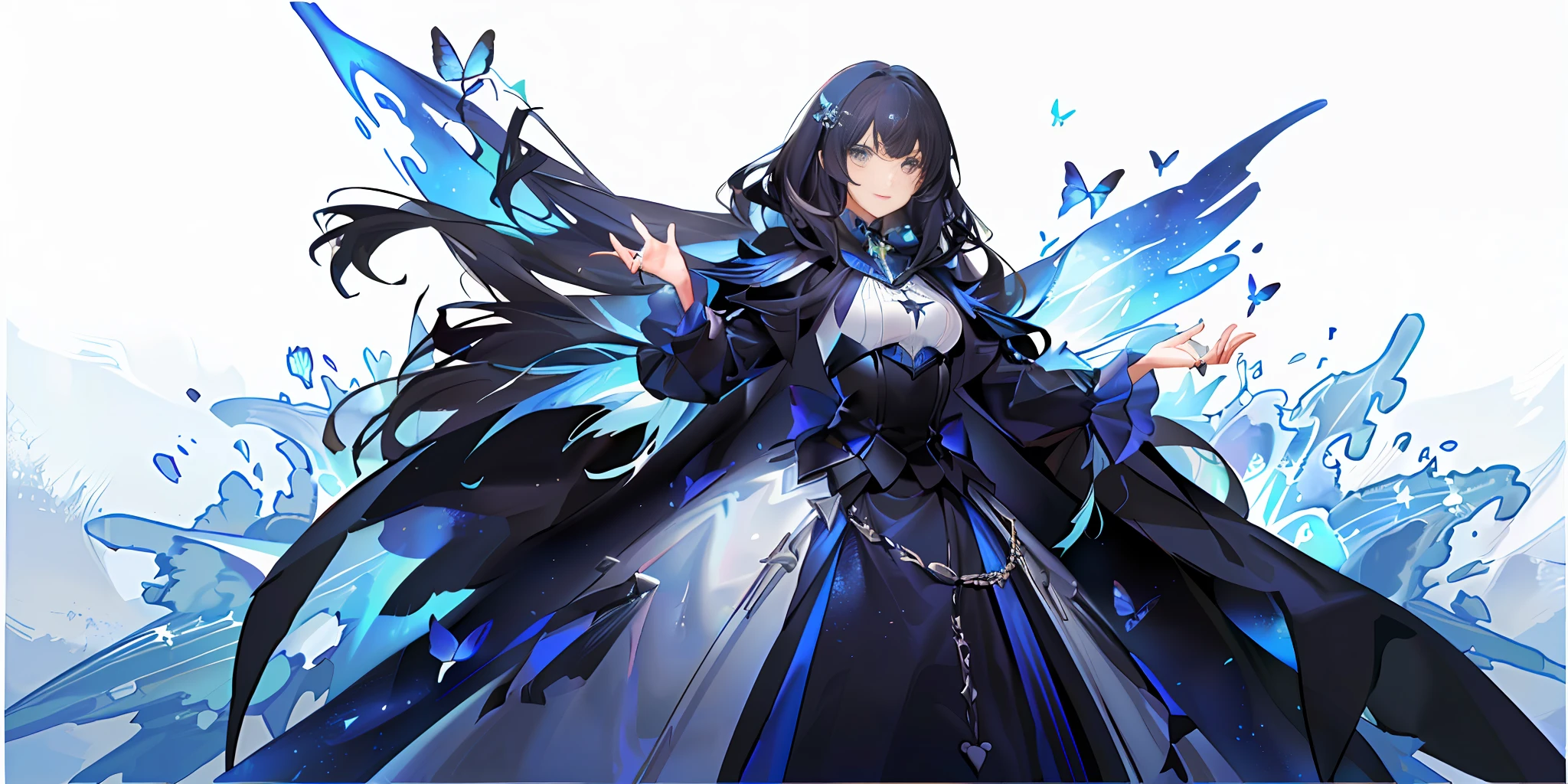 A woman with a sisterly feeling but a little mature, long sea blue hair, long hair and waist, scattered, black hair, inner layer dyed sky blue, blue eyes, surrounded by five three-dimensional things of azure blue, interstellar commander, solemn and tightly wrapped aristocratic dress, shawl dark blue cape with starry sky drawing inside, dark blue oversized swing princess dress, stellar embellishment on the skirt, is a wistful smile, left eye has a display eyepiece, dark blue butterflies fly beside it, right ring finger with ring, sense of technology, background is theater, starry sky curtain