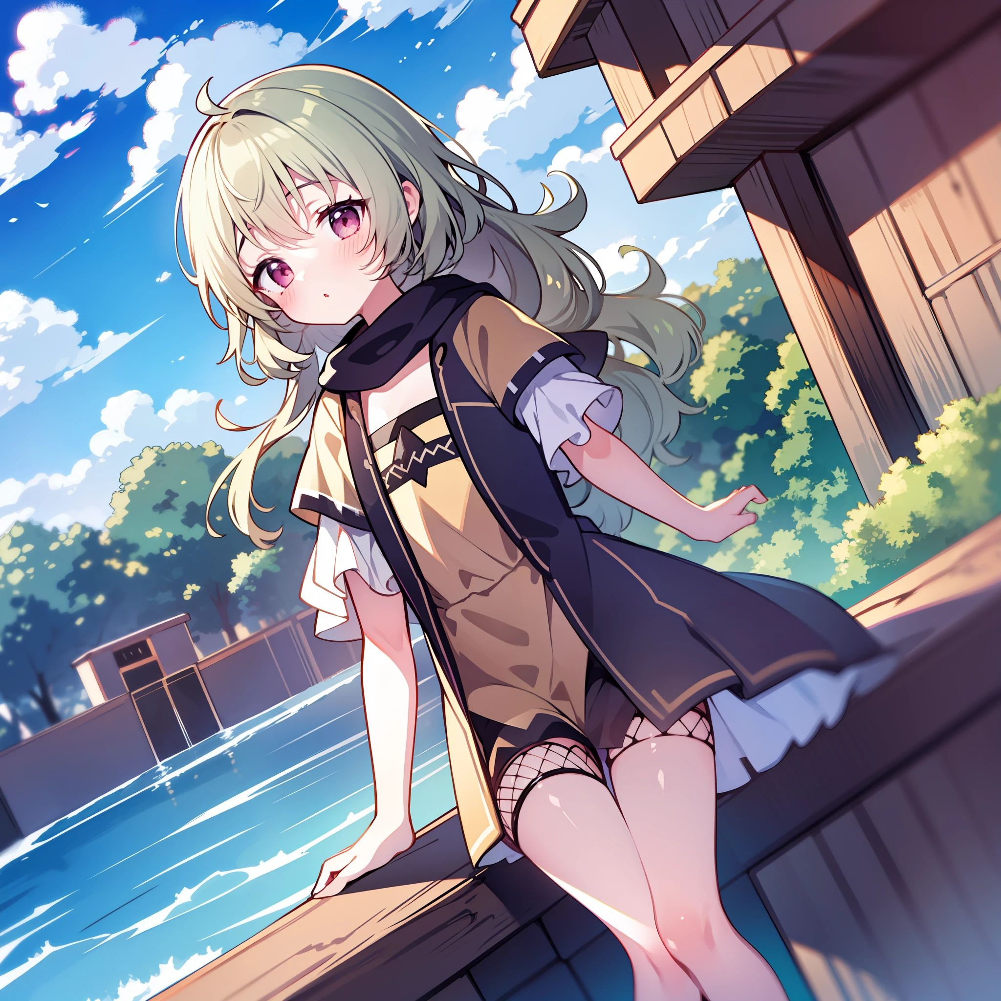 blush, outdoors, daytime, simple background, blue sky, wavy hair, sky, looking at the audience, li, very cute expression, small short legs, avatar, toes, exposed panties