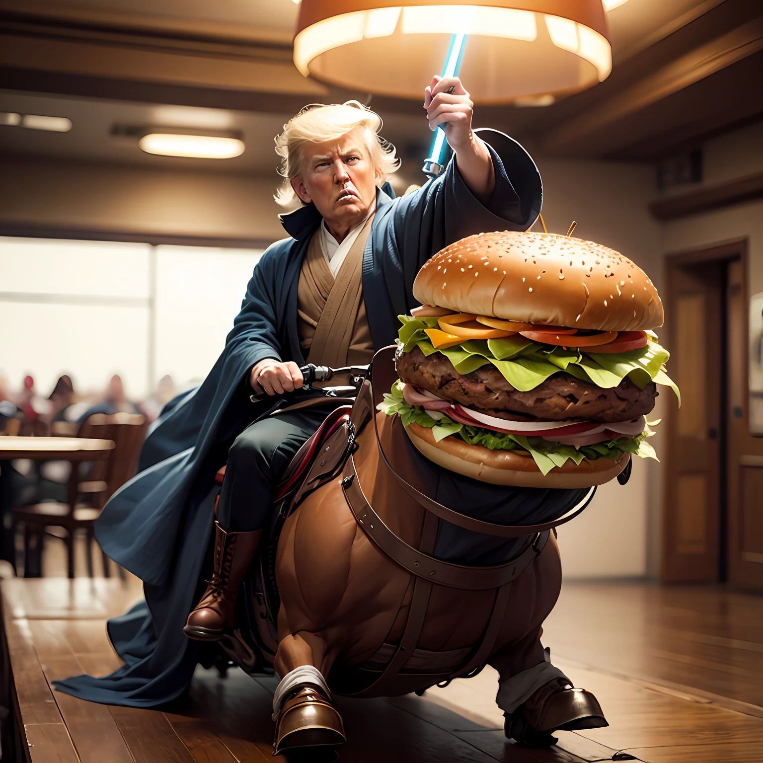 Donald Trump as Jedi Master riding on a giant burger --auto