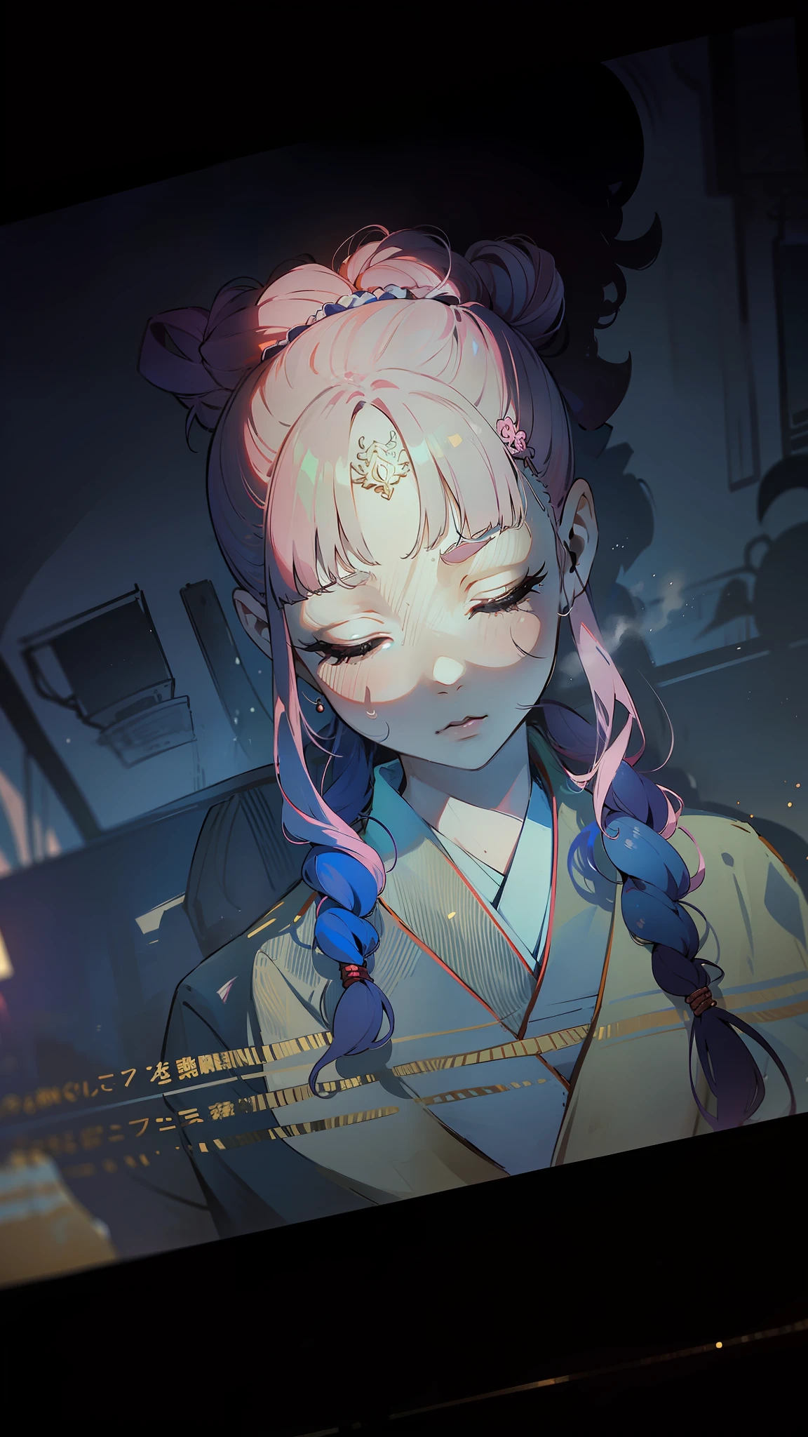 ((((Sangonomiya kokomi))), (((1girl))), ((toned)), female focus, masterpiece, high quality, (masterpiece:1.2), (best quality:1.2), bright, realistic, ornate, intricate skin, ((pink hair)), (long hair), closed eyes, bangs, hair_stick, japanese_clothes, jewelry, solo, hair_bun, hair_ornament, hair_pin, elegant, holding_fan, red_eyeliner, FH, sleepy , tired pupils, sleepy, dynamic pose, (shadows cast over the face:1.3),  dark room, shade room, (upper body)