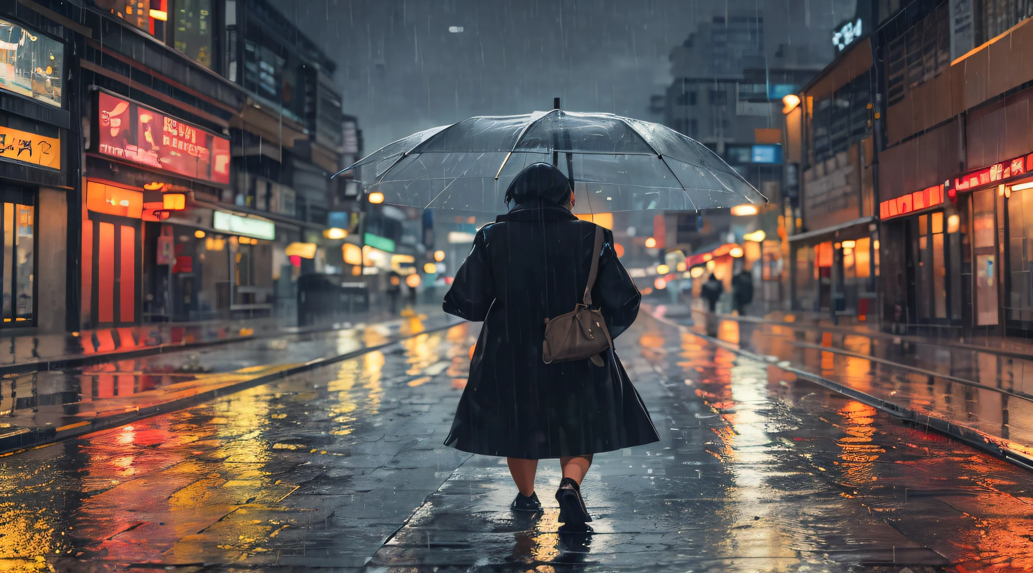 woman walking down a wet street holding an umbrella in the rain, rainy night city street, heavy rainning at tokyo night, rainy evening, rainy urban streets, rainy cyberpunk city, rainy street, rainy night, in the rain in the early evening, rainy streets in the background, rainy city at night, at evening during rain, rainy mood, rainy and gloomy atmosphere
