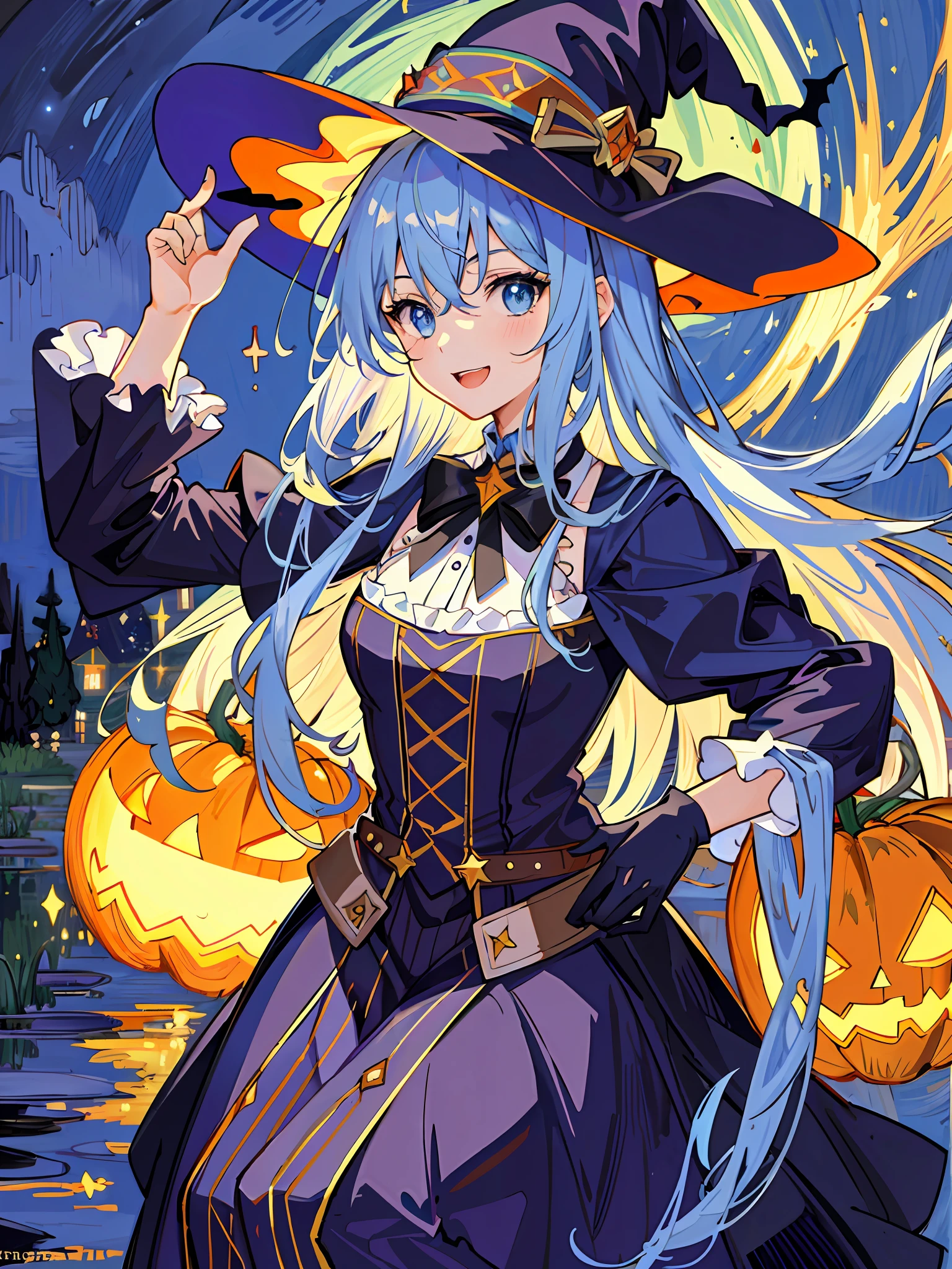 ((masterpiece:1.2, best quality)), 1girl, solo, (witch hat), a close up of a girl with curly hair, dress, aurora, night, star (sky), gloves, sky, dress, night sky, open mouth, starry sky, light blue eyes, ribbons, smile, cape, colorful hair, magic, casting spell, night, (impressionism:1.4), alphonse mucha, Halloween colors, colorful candy, magical lights, pumpkins, candies