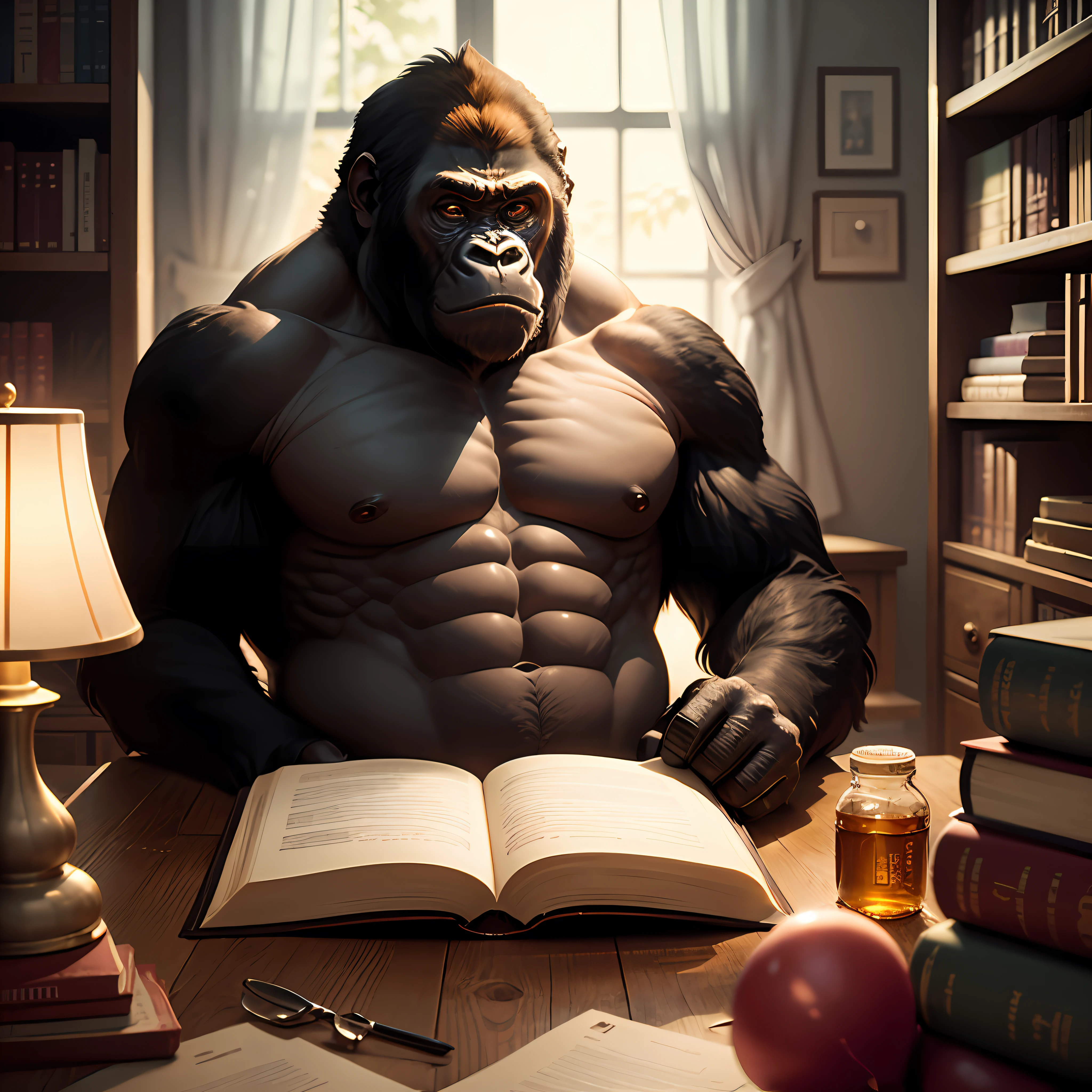 Imagine a charming setting where an imposing and curious gorilla is sitting in a lush library. He carefully holds two red balloons, which float next to him, adding a touch of color and lightness to the environment. The gorilla is completely immersed in the reading of a philosophical work by Nietzsche, with his gaze focused on the pages of the book.
Next to it, there are a few jars of protein supplements lined up, revealing its commitment to health and fitness. The environment of the library is filled with shelves filled with old books, with a soft lighting that highlights the tranquil atmosphere and sense of knowledge that permeates the place.
It is a fascinating image, combining the strength and wisdom of the gorilla with the intellectual and contemplative world of the library. The presence of the red balloons adds a touch of playfulness and lightness, while the jars of protein supplements show the gorilla's commitment to its physique. It's a visually rich and intriguing scene, full of contrasts and symbolism. --auto
