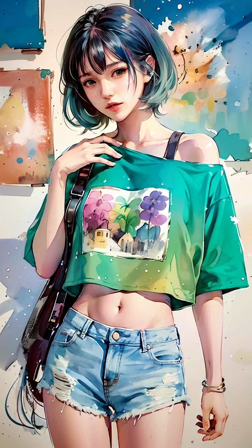 Arapei girl posing for photo with blue hair and green shirt, colorful aesthetics, watercolor art style, torn cropped t-shirt, watercolor style, anime inspiration, realistic costumes, cute art style, anime style mixed Fujifilm, cyberpunk punk, drawing style, anime style. 8K, colorful clothing, digital art style, colorful clothes --auto