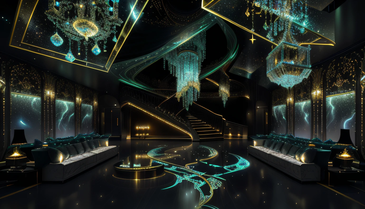 there are many lights that are hanging from the ceiling, stunning arcanum backdrop, 3d magical details, intricate sparkling atmosphere, graphic of enchanted terrarium, geometric backdrop; led, luxury item showcase, baroque marble and gold in space, ethereal art deco, a crystalline room, abstract scene design, background art deco palace, royal green and nature light