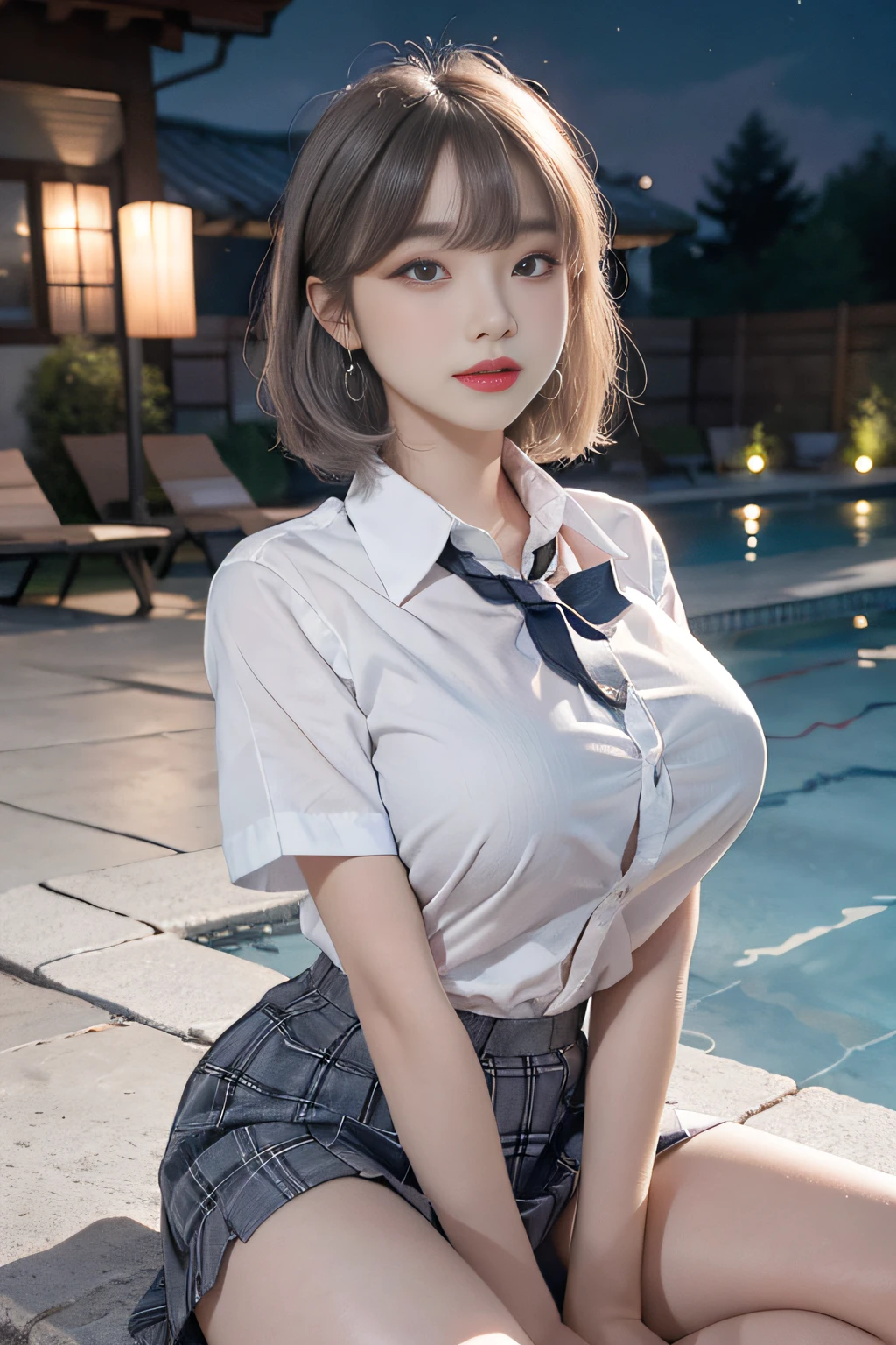 Best quality, RAW photos, super high resolution, gentle smile, 16 years old Korean, very big breasts, cleavage, tie, ribbon, school uniform, collared shirt, school uniform shirt, plaid skirt, fair skin, shiny white skin, short bob, bright silver hair, bright gray hair, neatly matched bangs, beautiful eyes, beautiful eyes of random colors, very thin lips, beautiful eyes with details, elongated eyes, pale pink blush, long eyelashes, beautiful double eyelids, eyeshadow, earrings, night school, dim poolside at night,