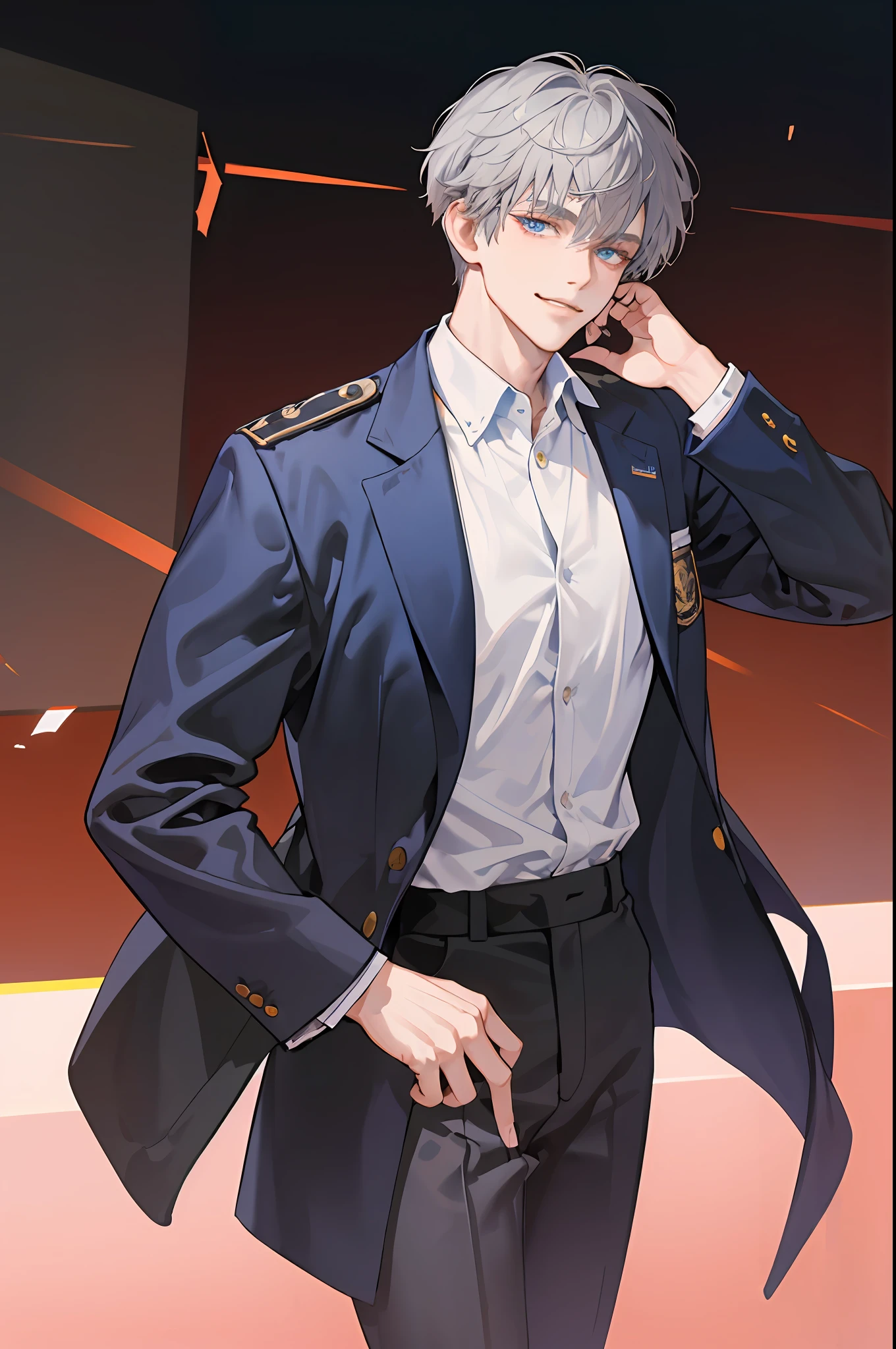 ((Masterpiece: 1.2, top quality)), (handsome: 1.4), best quality, 1man, short hair, hair trimmed short, very short hair tousled back, comma bangs, handsome student, solo, trendy, grey hair, icy blue eyes, lean body, tall body, slightly muscular, skinny, masculine, alpha male, clean shaven face, broad shoulders, tiny waist, modern, man wears korean school uniform, sophisticated uniform, brown trousers, dark blue shirt, dark blue blazer, student council badge, half body shot, CG 8k, high school student, smirking, perfect anatomy, correct limbs, looking at viewer, in school classroom