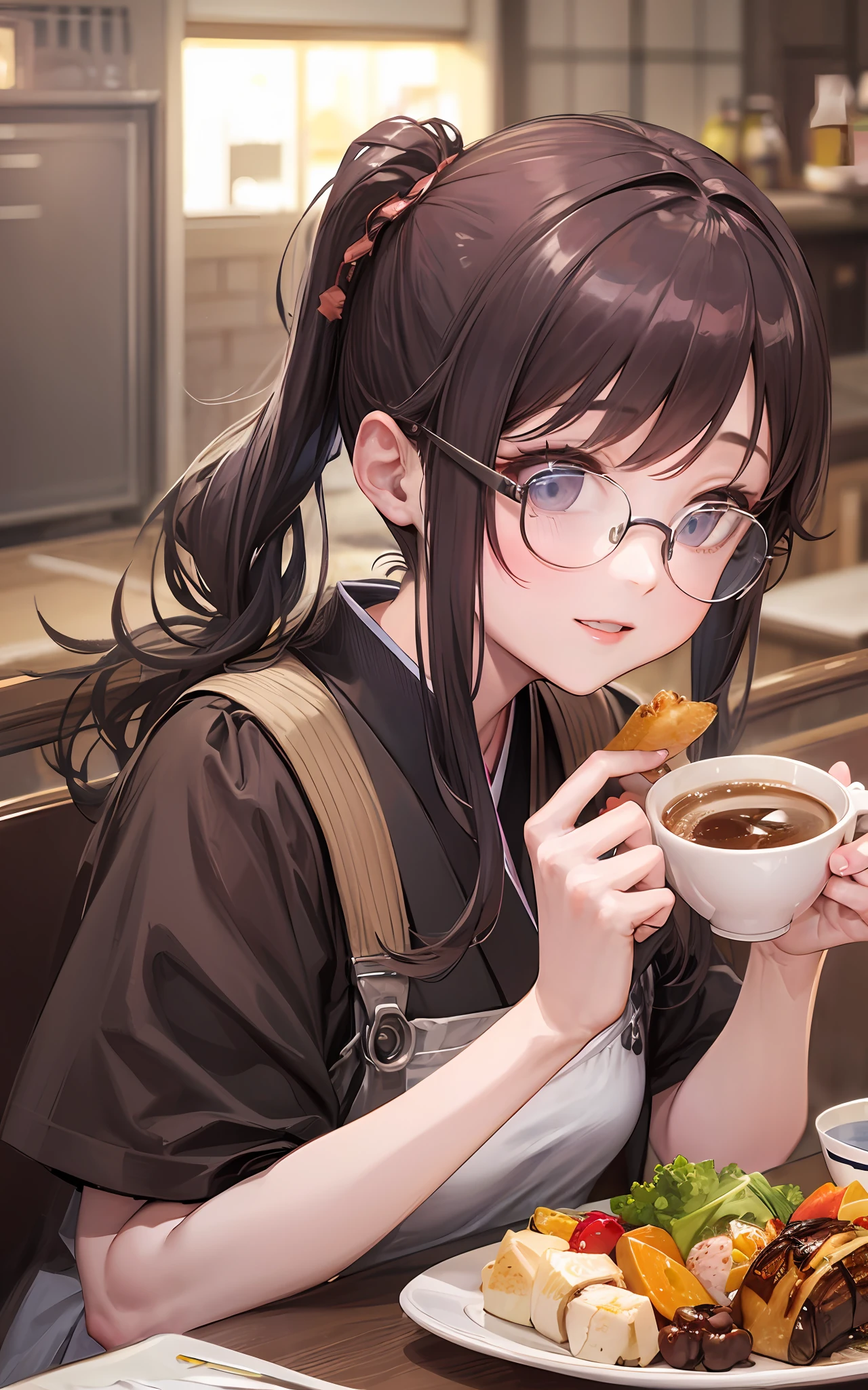 Top Quality, 8K, 4K, High Definition, Details Beautiful round glasses girl, dark haired girl, pigtails, eating lunch, Japanese style costume, coffee shop,