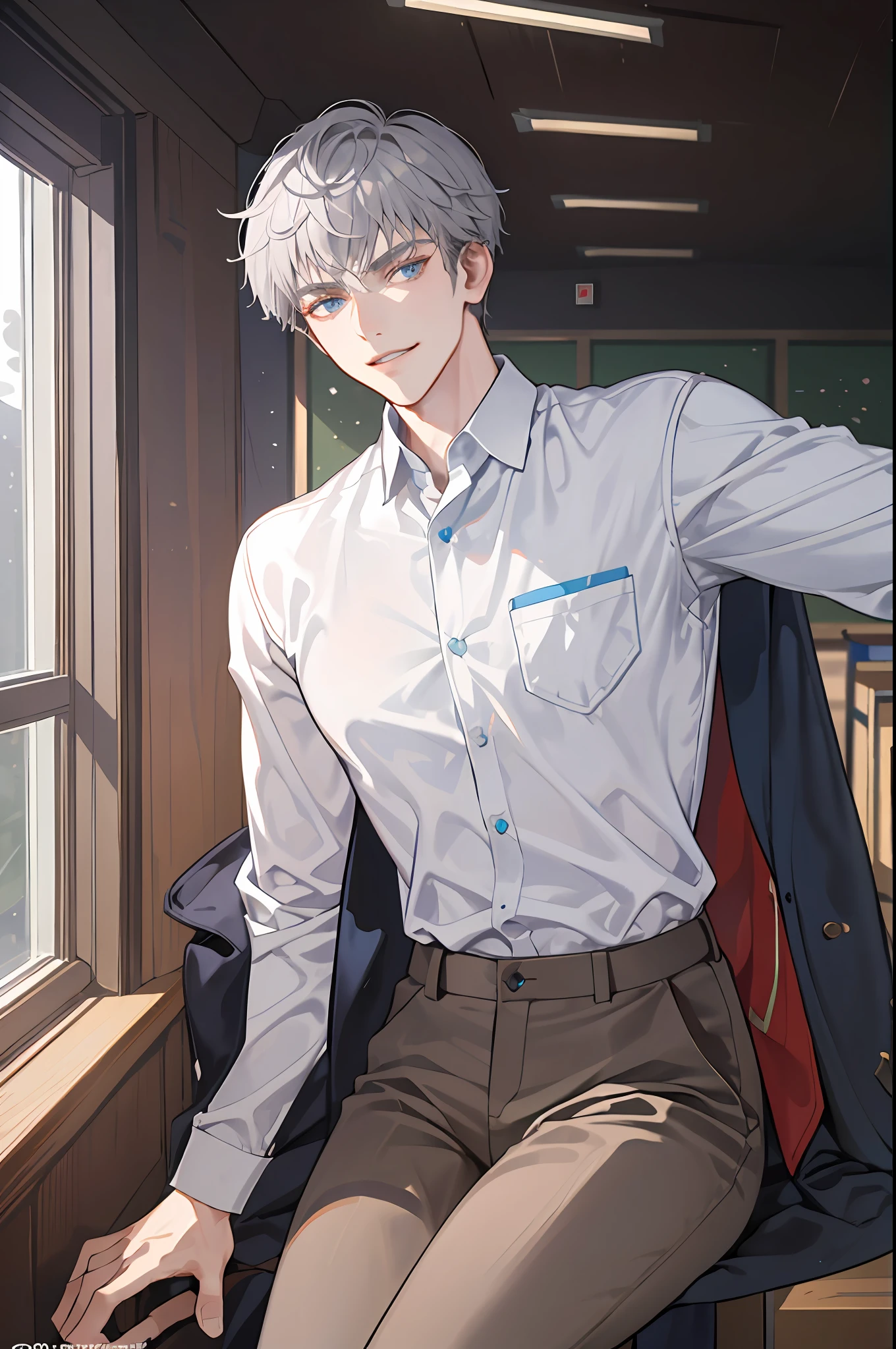 ((Masterpiece: 1.2, top quality)), (handsome: 1.4), best quality, 1man, short hair, hair trimmed short, very short hair tousled back, comma bangs, handsome student, solo, trendy, grey hair, icy blue eyes, lean body, tall body, slightly muscular, skinny, masculine, alpha male, clean shaven face, broad shoulders, tiny waist, modern, man wears korean school uniform, sophisticated uniform, brown trousers, dark blue shirt, dark blue blazer, student council badge, half body shot, CG 8k, high school student, smirking, perfect anatomy, correct limbs, looking at viewer, in school classroom