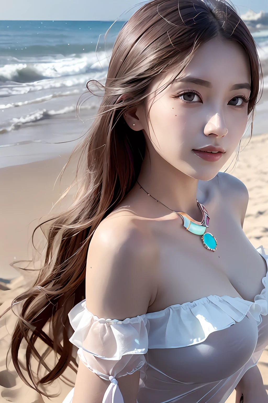 (best quality:1.1) ,(photorealistic:1.1), (photography:1.1), (highly detailed:1.1), looking at viewer,armlet, Jade bracelet, eyelashes, happy, medium breasts,beautiful detailed girl, (extremely detailed eyes and face), (lighting on face),necklace,Colorful clothes, [chinese clothes],[off shoulder], (solo:1.2), sandbeach,sand,Standing by the seaside, summer, (beautiful detailed sky),seethru,nsfw