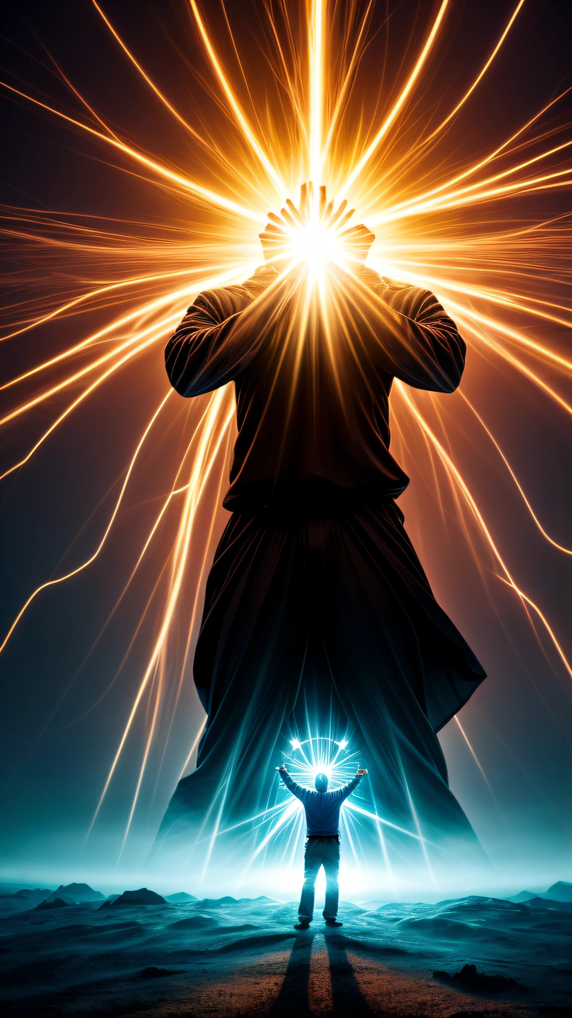 An ultra-realistic photo of a wise half-cyborg man with a hologram of a floating book in front of him emanating a soft green light, with codes and symbols jumping out of the book. The image should evoke curiosity and mystery in a positive way, with elements that convey positive energy.A mystical and futuristic setting of a cave with technological cables, illuminated by a soft blue and green light with contrasting highlights, generated by light sources of the complementary light green elements of the scene. Holograms of green keys, flying codes, and green light particles.Characteristics of the image include high definition, high-quality details, realism, 4K resolution, symmetry, and advanced image rendering techniques. --auto